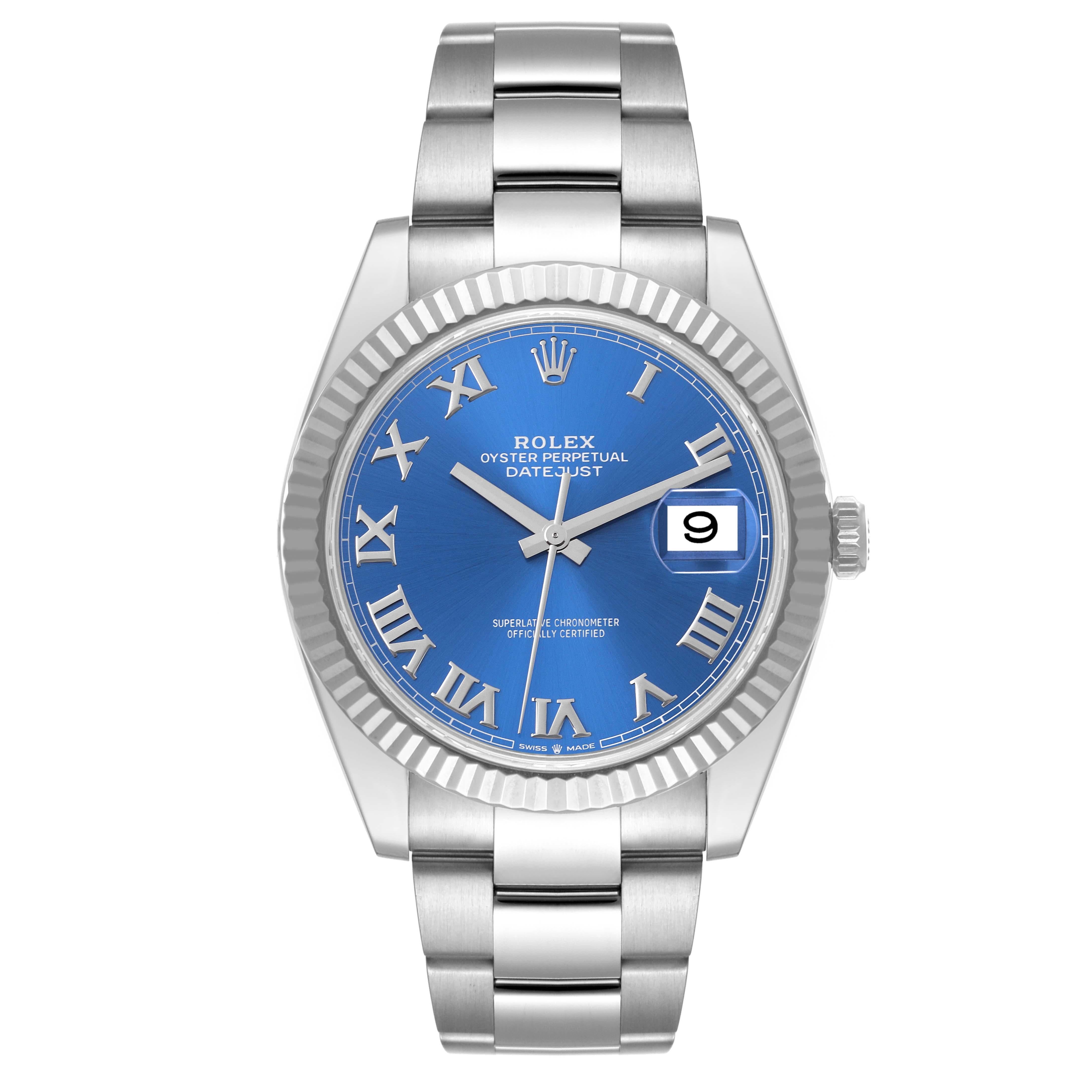 Rolex Datejust 41 Steel White Gold Blue Roman Dial Mens Watch 126334 Box Card. Officially certified chronometer automatic self-winding movement. Stainless steel case 41 mm in diameter. Rolex logo on the crown. 18K white gold fluted bezel. Scratch