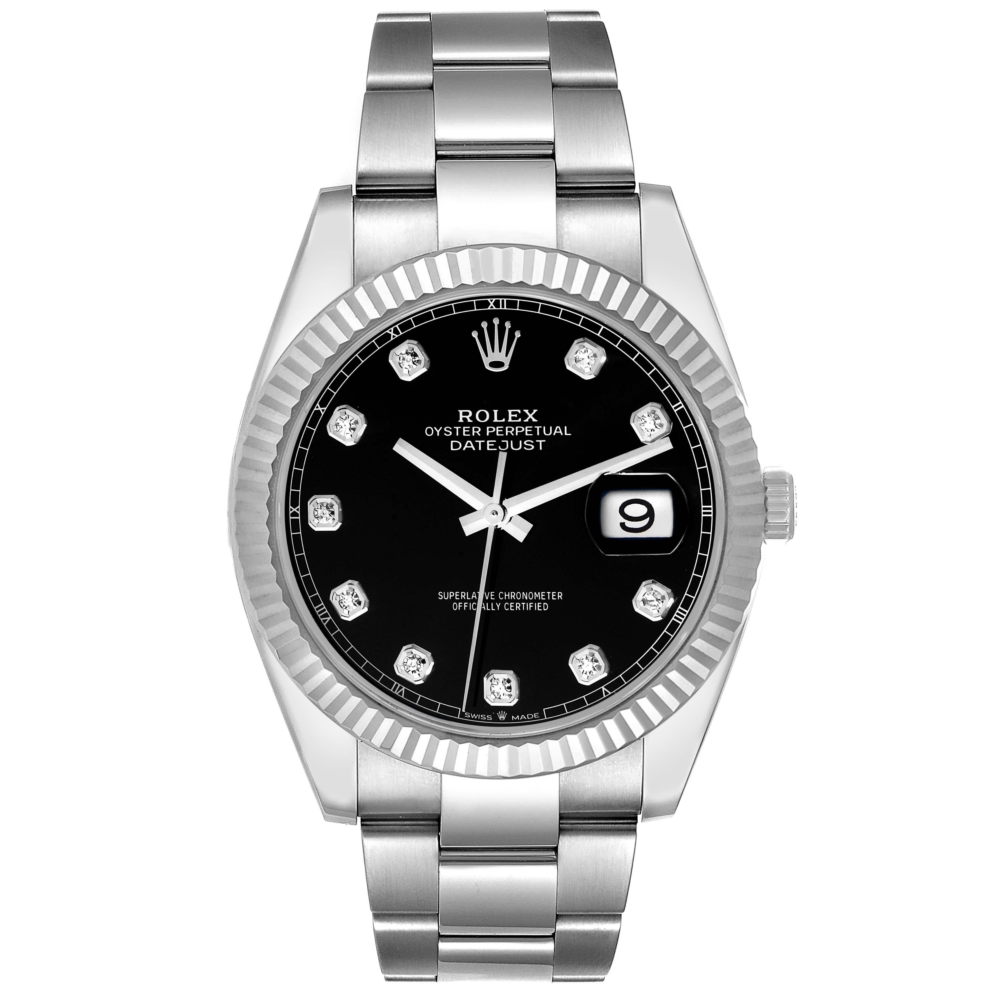 Rolex Datejust 41 Steel White Gold Diamond Dial Mens Watch 126334 Box Card. Officially certified chronometer automatic self-winding movement. Stainless steel case 41 mm in diameter. Rolex logo on a crown. 18K white gold fluted bezel. Scratch