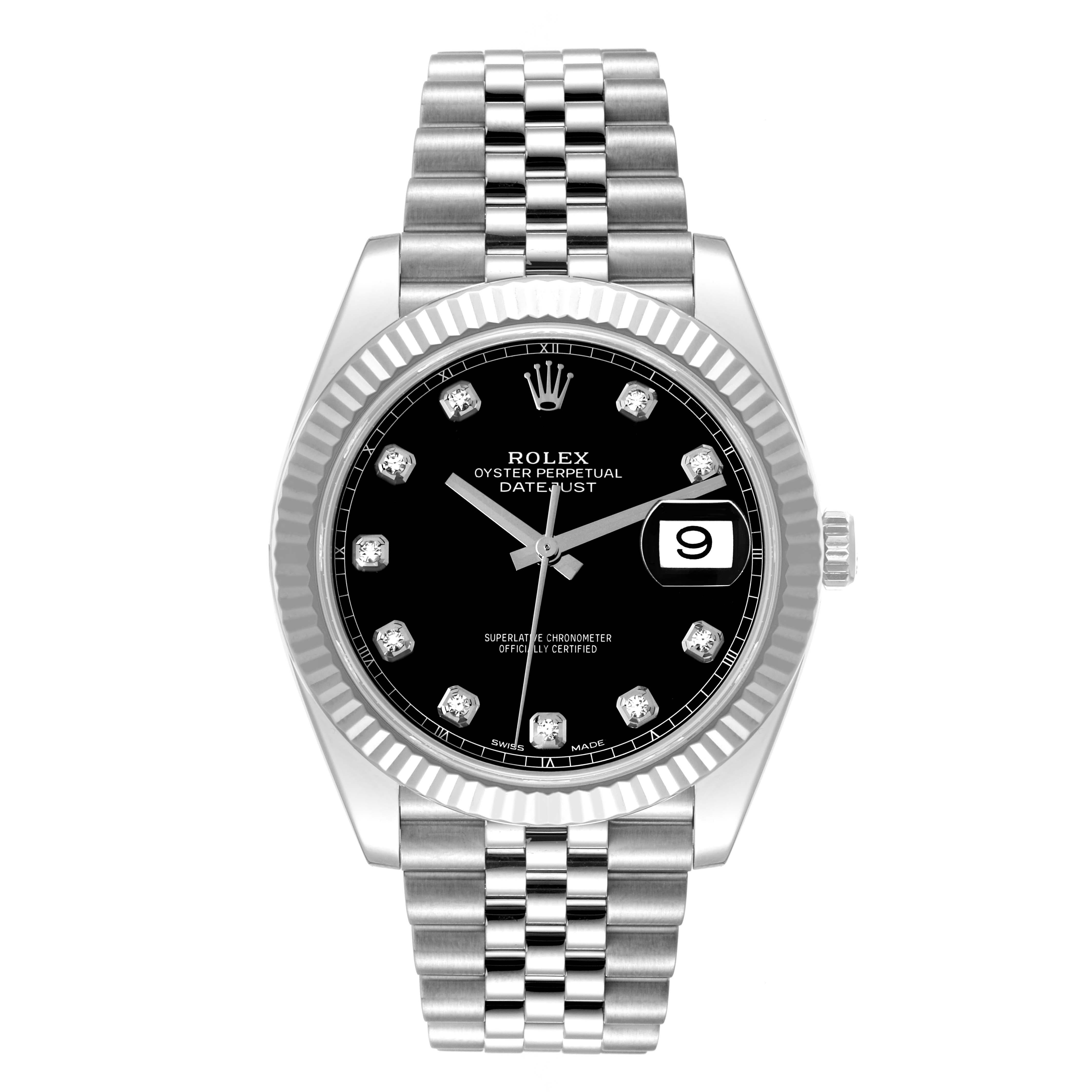 Rolex Datejust 41 Steel White Gold Diamond Dial Mens Watch 126334 Box Card. Officially certified chronometer automatic self-winding movement. Stainless steel case 41 mm in diameter. Rolex logo on a crown. 18K white gold fluted bezel. Scratch