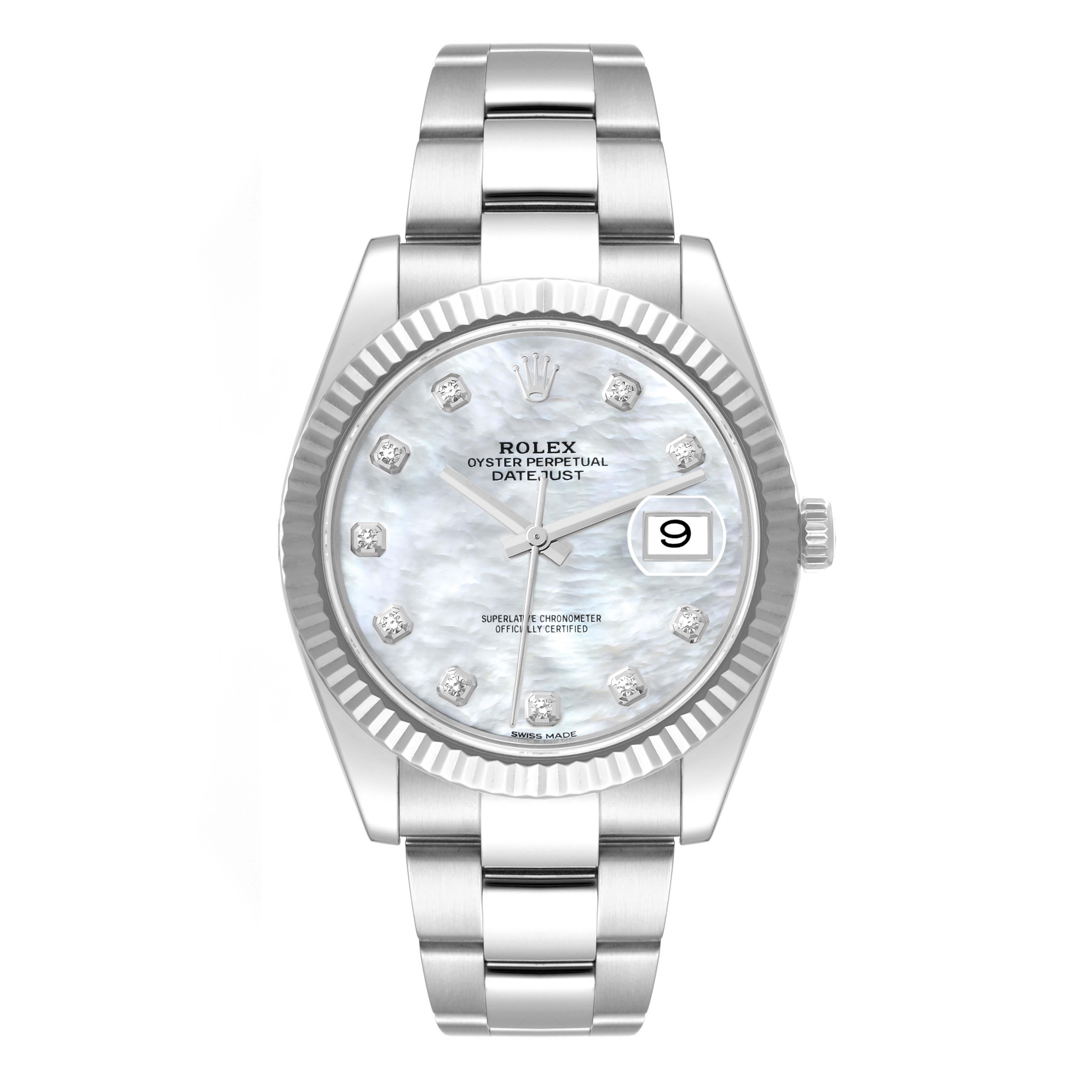 Rolex Datejust 41 Steel White Gold Mother Of Pearl Diamond Dial Mens Watch 126334 Box Card. Officially certified chronometer automatic self-winding movement. Stainless steel case 41 mm in diameter. Rolex logo on the crown. 18K white gold fluted