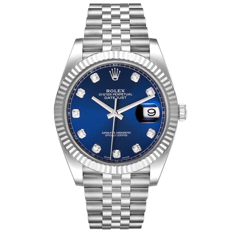 Rolex Datejust 41 Steel White Gold Diamond Mens Watch 126334 Box Card. Officially certified chronometer automatic self-winding movement. Stainless steel case 41 mm in diameter. Rolex logo on a crown. 18K white gold fluted bezel. Scratch resistant