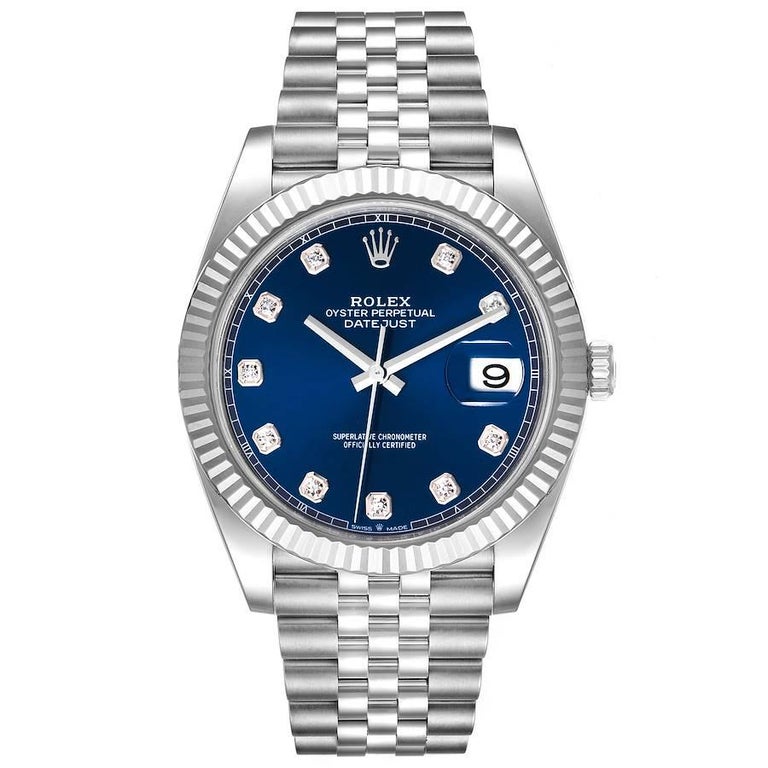 Rolex Datejust 41 Steel White Gold Diamond Mens Watch 126334 Unworn. Officially certified chronometer automatic self-winding movement. Stainless steel case 41 mm in diameter. Rolex logo on a crown. 18K white gold fluted bezel. Scratch resistant