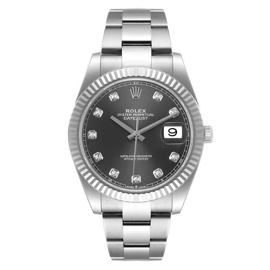 Rolex Datejust 41 Steel White Gold Diamond Mens Watch 126334 Unworn. Officially certified chronometer automatic self-winding movement. Stainless steel case 41 mm in diameter. Rolex logo on a crown. 18K white gold fluted bezel. Scratch resistant