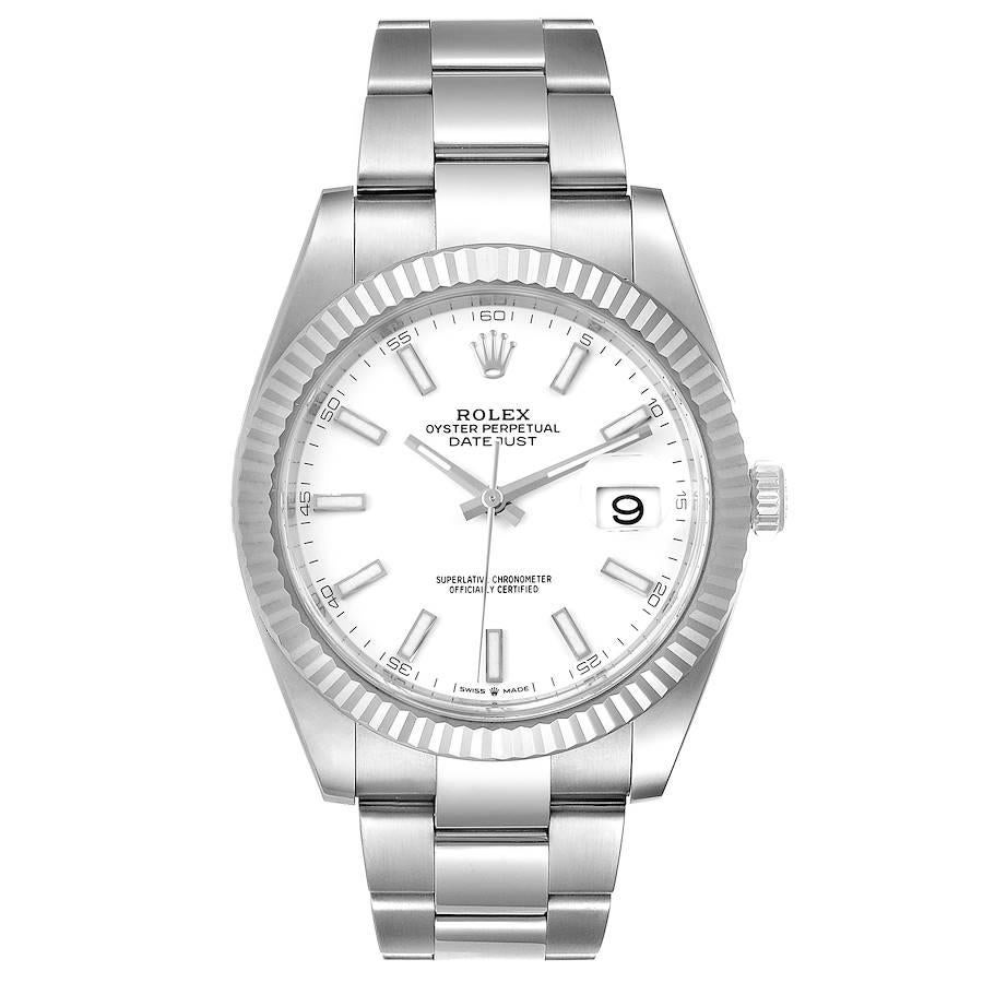 Rolex Datejust 41 Steel White Gold Fluted Bezel Mens Watch 126334 Unworn. Officially certified chronometer automatic self-winding movement with quickset date. Stainless steel case 41 mm in diameter. Rolex logo on a crown. 18K white gold fluted