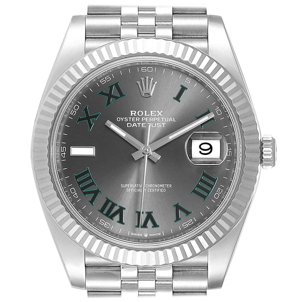 Rolex Datejust 41 Steel White Gold Green Numerals Mens Watch 126334. Officially certified chronometer automatic self-winding movement. Stainless steel case 41 mm in diameter. Rolex logo on a crown. 18K white gold fluted bezel. Scratch resistant
