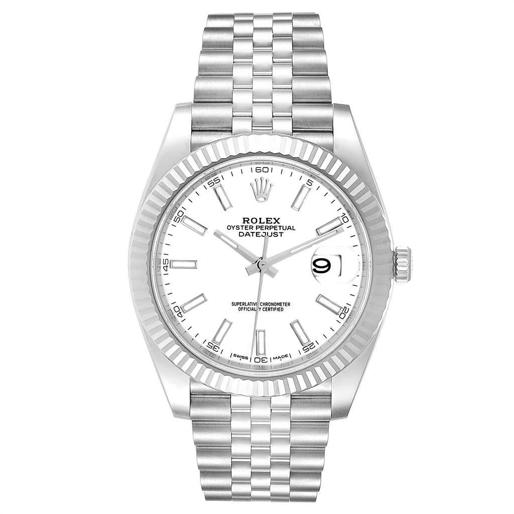 Rolex Datejust 41 Steel White Gold Jubilee Bracelet Mens Watch 126334. Officially certified chronometer automatic self-winding movement. Stainless steel case 41 mm in diameter. Rolex logo on a crown. 18K white gold fluted bezel. Scratch resistant