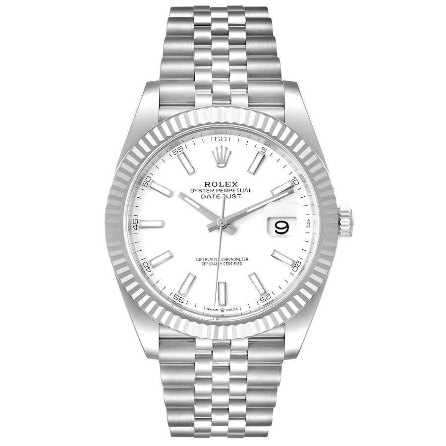 Rolex Datejust 41 Steel White Gold Jubilee Bracelet Mens Watch 126334. Officially certified chronometer automatic self-winding movement. Stainless steel case 41 mm in diameter. Rolex logo on a crown. 18K white gold fluted bezel. Scratch resistant