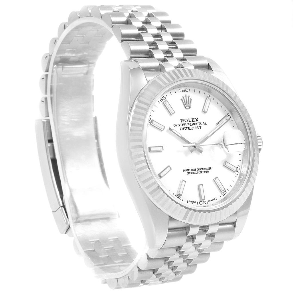 Rolex Datejust 41 Steel White Gold Mens Watch 126334 Box Card. Officially certified chronometer automatic self-winding movement. Stainless steel case 41 mm in diameter. Rolex logo on a crown. 18K white gold fluted bezel. Scratch resistant sapphire