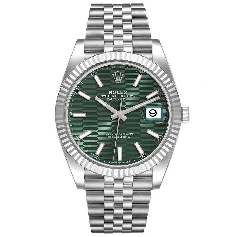 Rolex Datejust 41 Steel White Gold Mint Green Fluted Dial Mens Watch 126334 Unworn. Officially certified chronometer automatic self-winding movement. Stainless steel case 41 mm in diameter. Rolex logo on the crown. 18K white gold fluted bezel.