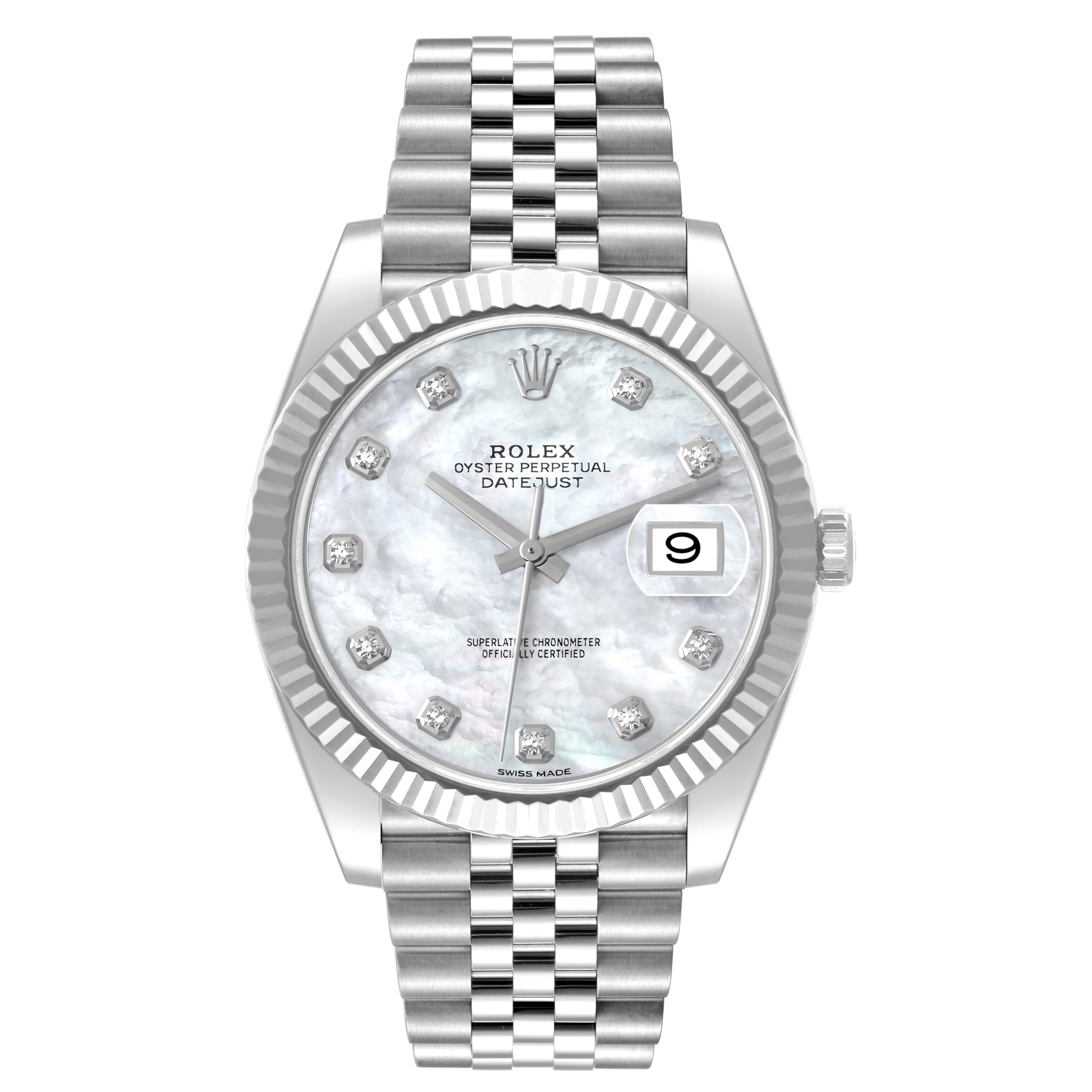 Rolex Datejust 41 Steel White Gold MOP Diamond Dial Mens Watch 126334 Box Card. Officially certified chronometer automatic self-winding movement. Stainless steel case 41 mm in diameter. Rolex logo on the crown. 18K white gold fluted bezel. Scratch