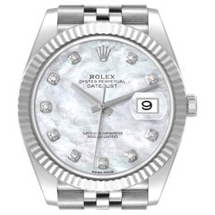 Rolex Datejust 41 Steel White Gold MOP Diamond Dial Mens Watch 126334 Box Card