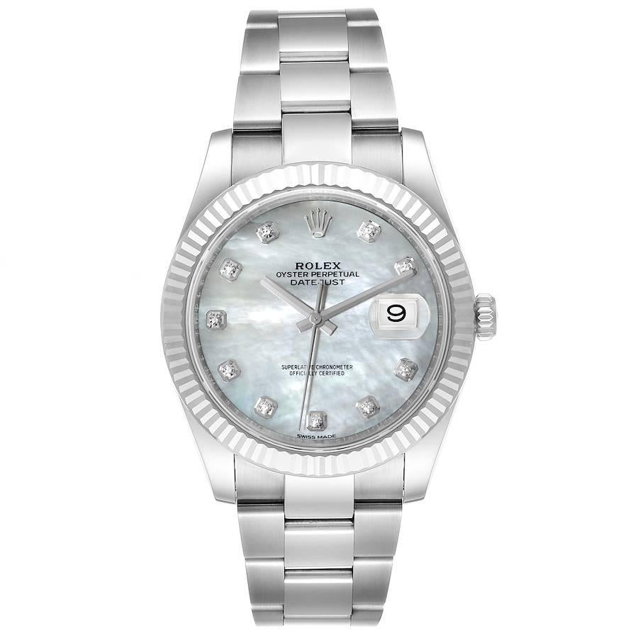 Rolex Datejust 41 Steel White Gold MOP Diamond Mens Watch 126334 Box Card. Officially certified chronometer automatic self-winding movement. Stainless steel case 41 mm in diameter. Rolex logo on a crown. 18K white gold fluted bezel. Scratch