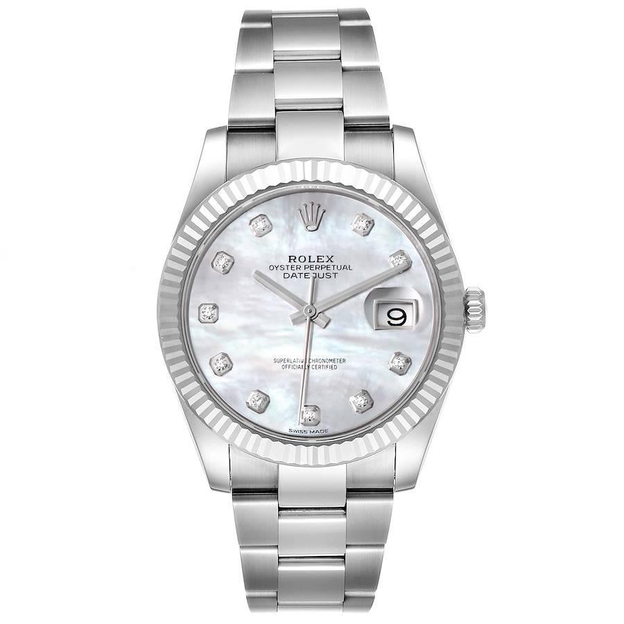 Rolex Datejust 41 Steel White Gold MOP Diamond Mens Watch 126334. Officially certified chronometer automatic self-winding movement. Stainless steel case 41 mm in diameter. Rolex logo on a crown. 18K white gold fluted bezel. Scratch resistant