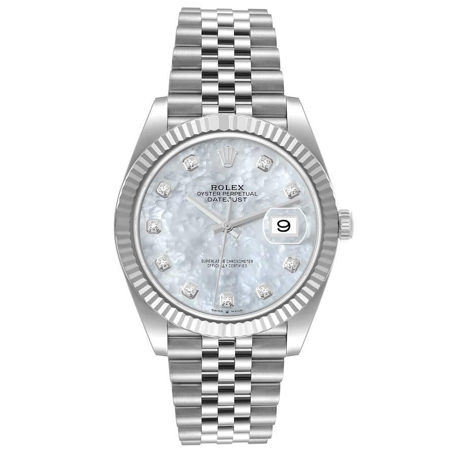 Rolex Datejust 41 Steel White Gold Mother Of Pearl Diamond Dial Mens Watch 126334 Box Card. Officially certified chronometer automatic self-winding movement. Stainless steel case 41 mm in diameter. Rolex logo on the crown. 18K white gold fluted