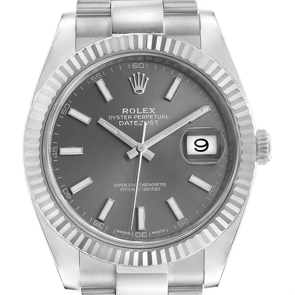 Rolex Datejust 41 Steel White Gold Rhodium Dial Mens Watch 126334. Officially certified chronometer automatic self-winding movement with quickset date. Stainless steel case 41 mm in diameter. Rolex logo on a crown. 18K white gold fluted bezel.