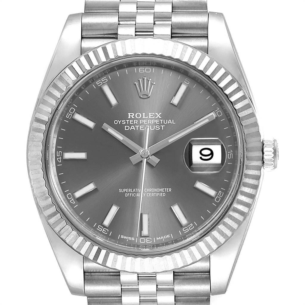 Rolex Datejust 41 Steel White Gold Rhodium Dial Mens Watch 126334. Officially certified chronometer automatic self-winding movement. Stainless steel case 41 mm in diameter. Rolex logo on a crown. 18K white gold fluted bezel. Scratch resistant
