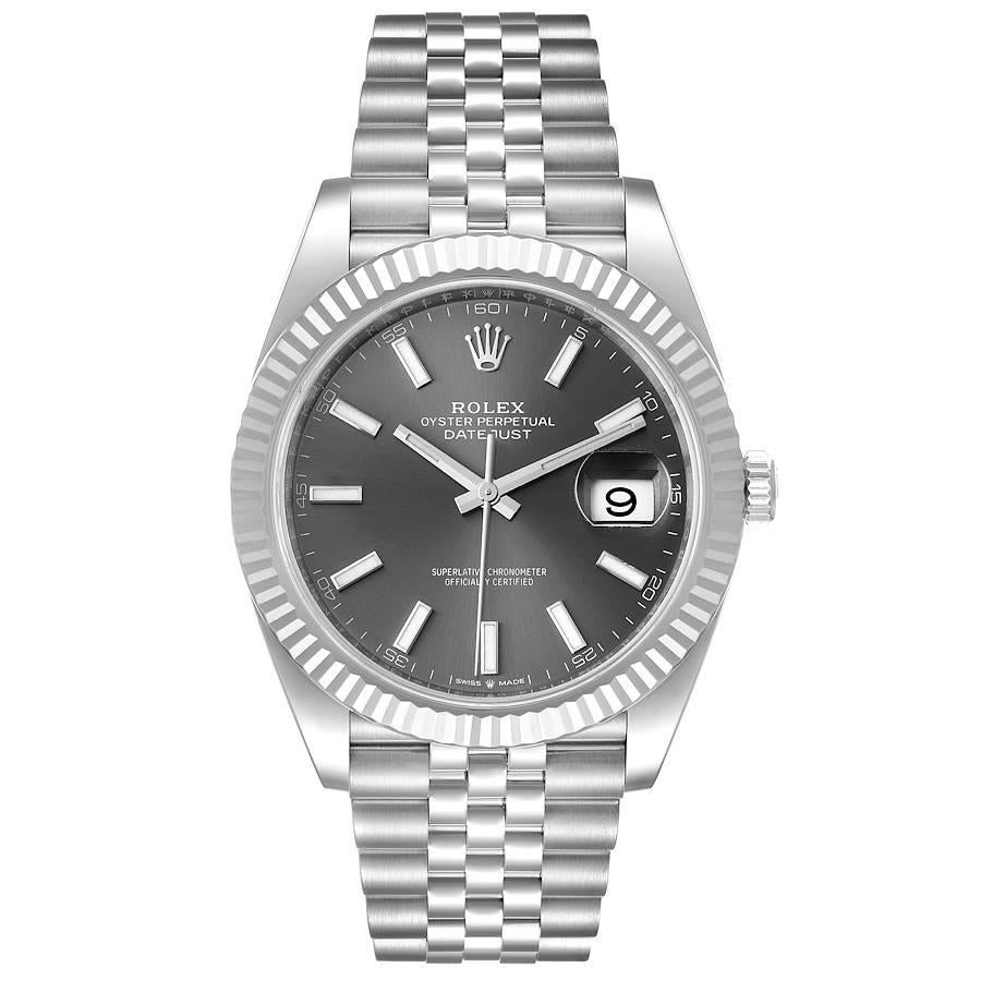 Rolex Datejust 41 Steel White Gold Rhodium Dial Mens Watch 126334 Unworn. Officially certified chronometer automatic self-winding movement. Stainless steel case 41 mm in diameter. Rolex logo on a crown. 18K white gold fluted bezel. Scratch resistant
