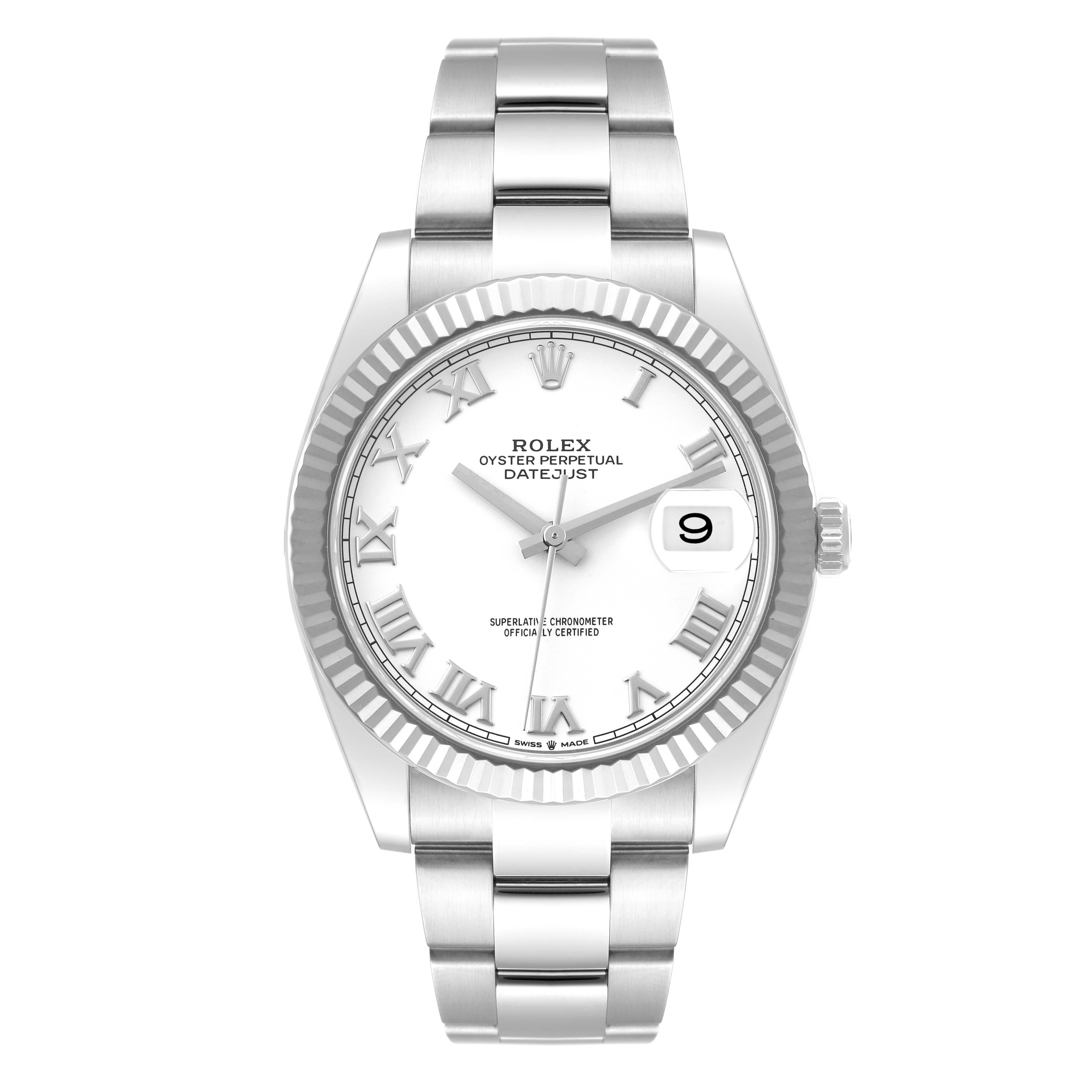 Rolex Datejust 41 Steel White Gold Roman Dial Mens Watch 126334 Box Card. Officially certified chronometer automatic self-winding movement. Stainless steel case 41 mm in diameter. Rolex logo on the crown. 18K white gold fluted bezel. Scratch