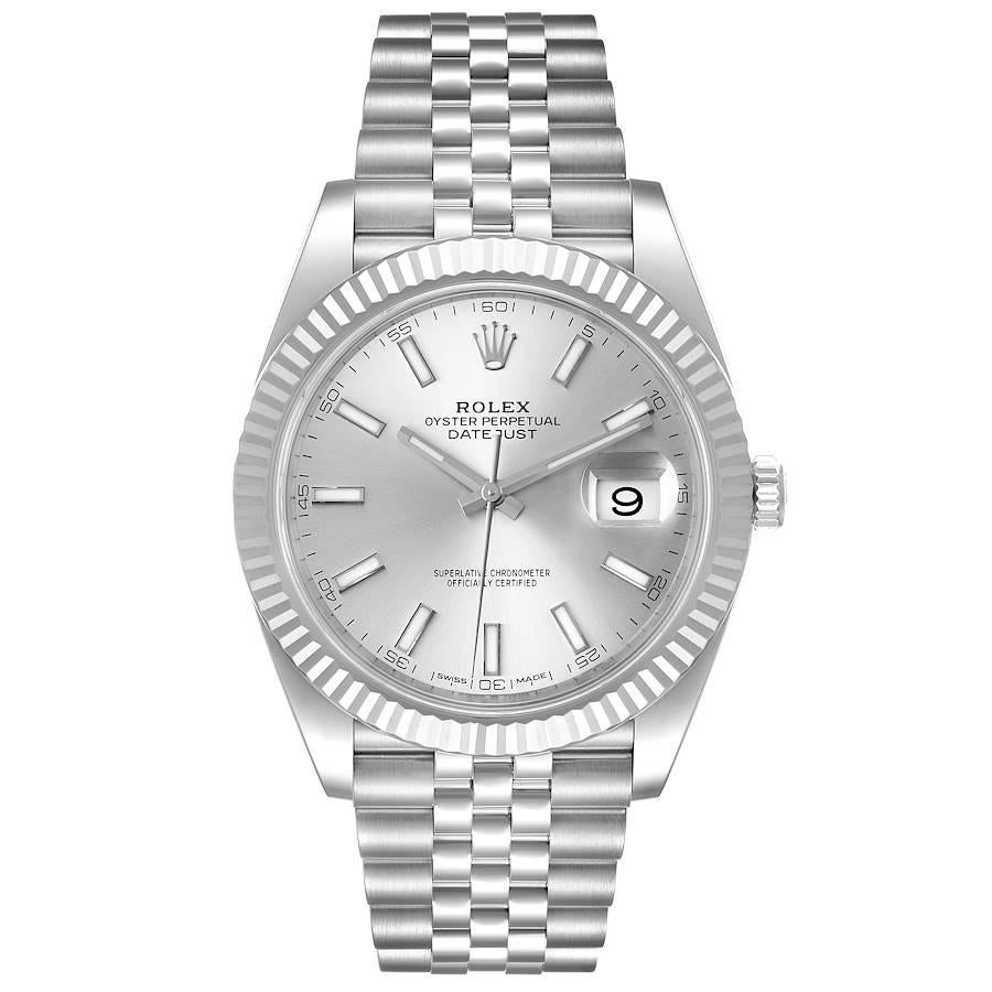 Rolex Datejust 41 Steel White Gold Silver Dial Mens Watch 126334 Box Card. Officially certified chronometer automatic self-winding movement with quickset date. Stainless steel case 41 mm in diameter. Rolex logo on a crown. 18K white gold fluted