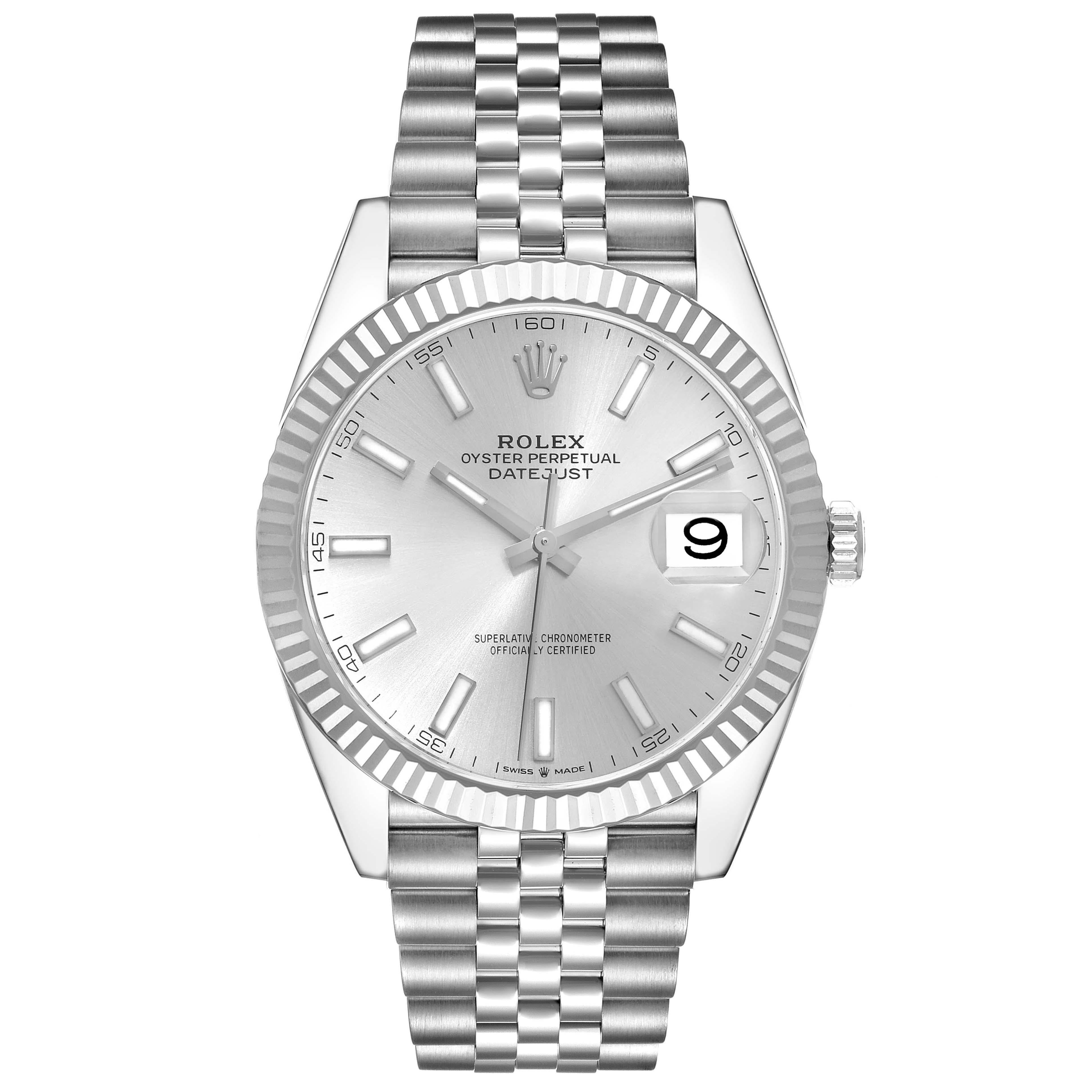 Rolex Datejust 41 Steel White Gold Silver Dial Mens Watch 126334 Box Card. Officially certified chronometer automatic self-winding movement with quickset date. Stainless steel case 41 mm in diameter. Rolex logo on the crown. 18K white gold fluted