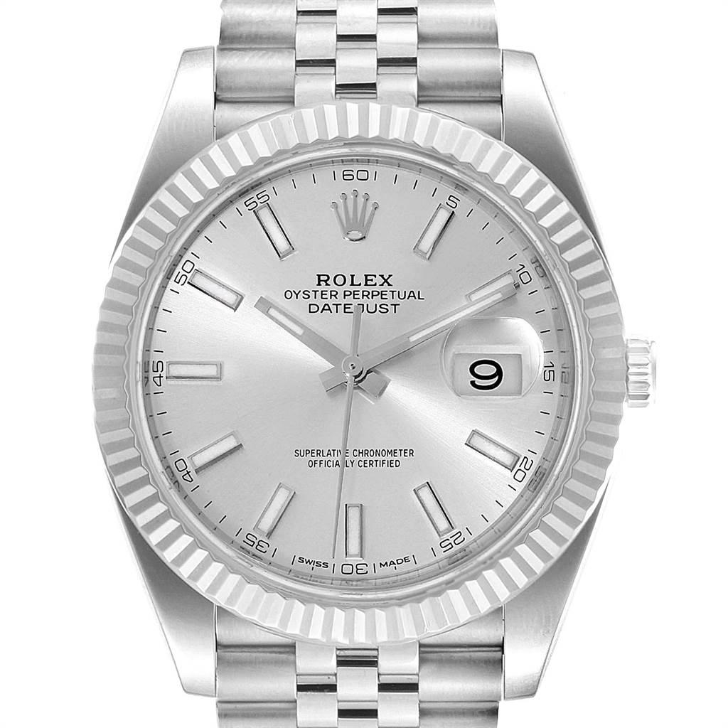 Rolex Datejust 41 Steel White Gold Silver Dial Mens Watch 126334. Officially certified chronometer automatic self-winding movement with quickset date. Stainless steel case 41 mm in diameter. Rolex logo on a crown. 18K white gold fluted bezel.