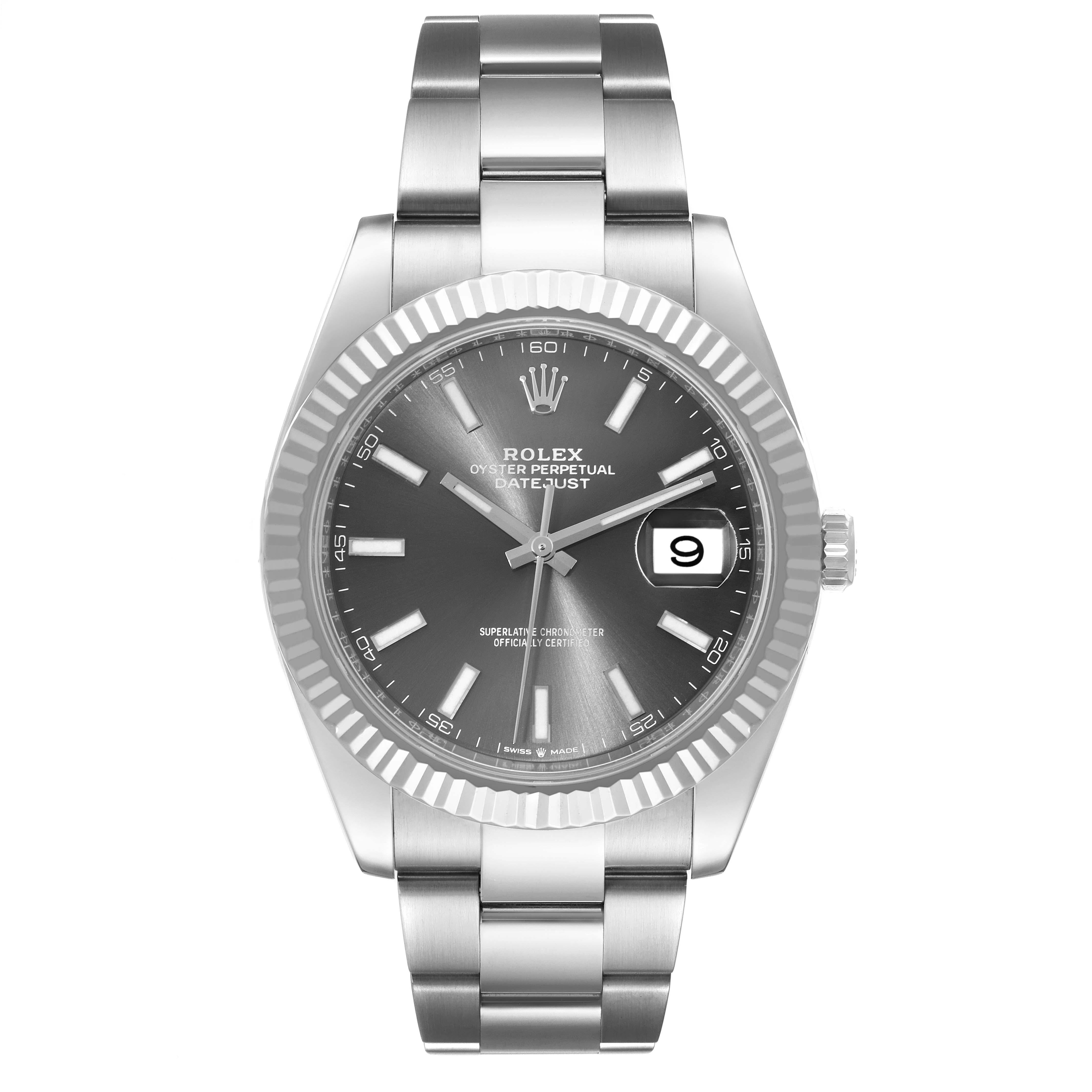 Rolex Datejust 41 Steel White Gold Slate Dial Mens Watch 126334 Box Card. Officially certified chronometer automatic self-winding movement. Stainless steel case 41 mm in diameter. Rolex logo on the crown. 18K white gold fluted bezel. Scratch