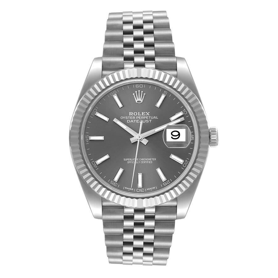 Rolex Datejust 41 Steel White Gold Slate Dial Mens Watch 126334. Officially certified chronometer automatic self-winding movement. Stainless steel case 41 mm in diameter. Rolex logo on the crown. 18K white gold fluted bezel. Scratch resistant