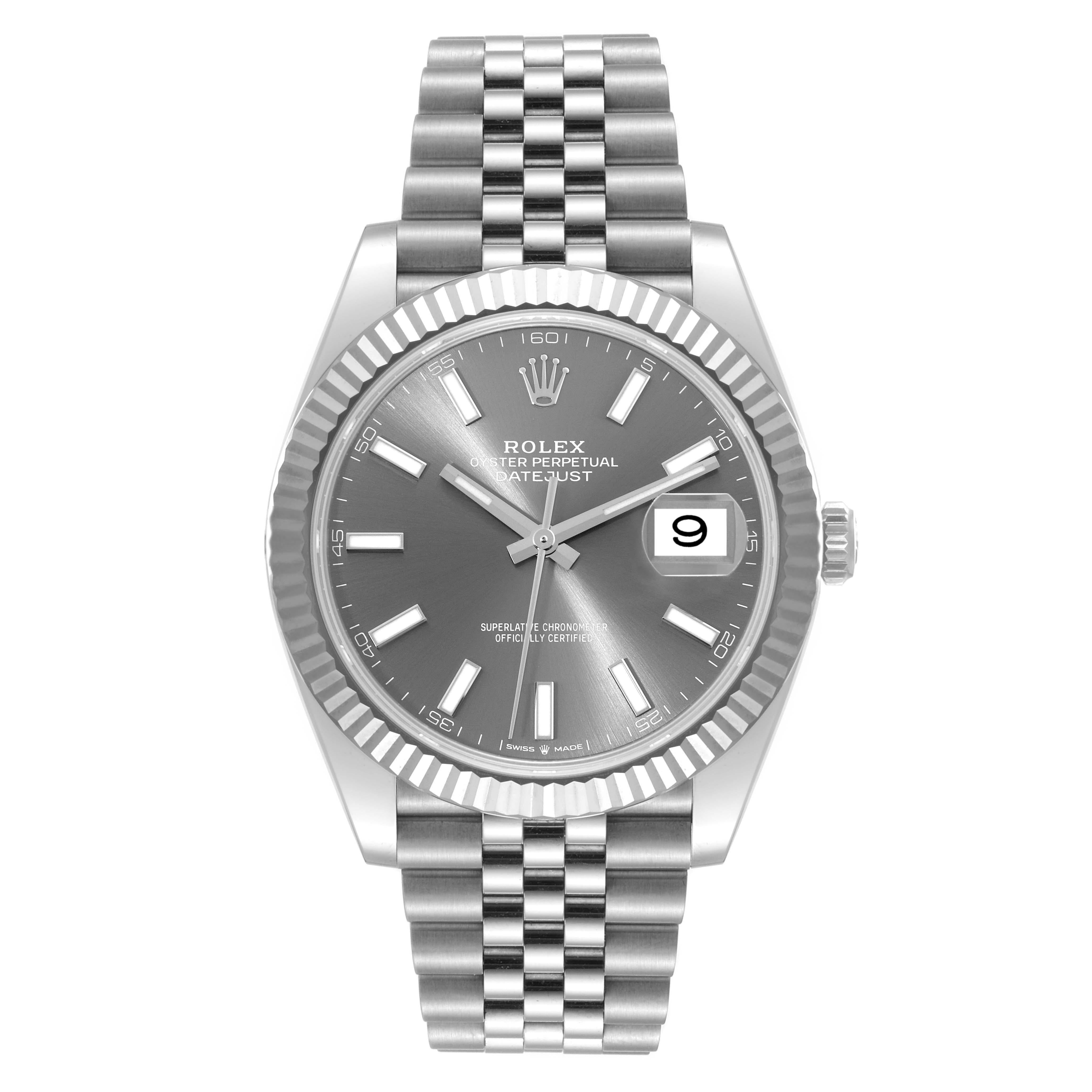 Rolex Datejust 41 Steel White Gold Slate Dial Mens Watch 126334 Unworn. Officially certified chronometer automatic self-winding movement. Stainless steel case 41 mm in diameter. Rolex logo on the crown. 18K white gold fluted bezel. Scratch resistant
