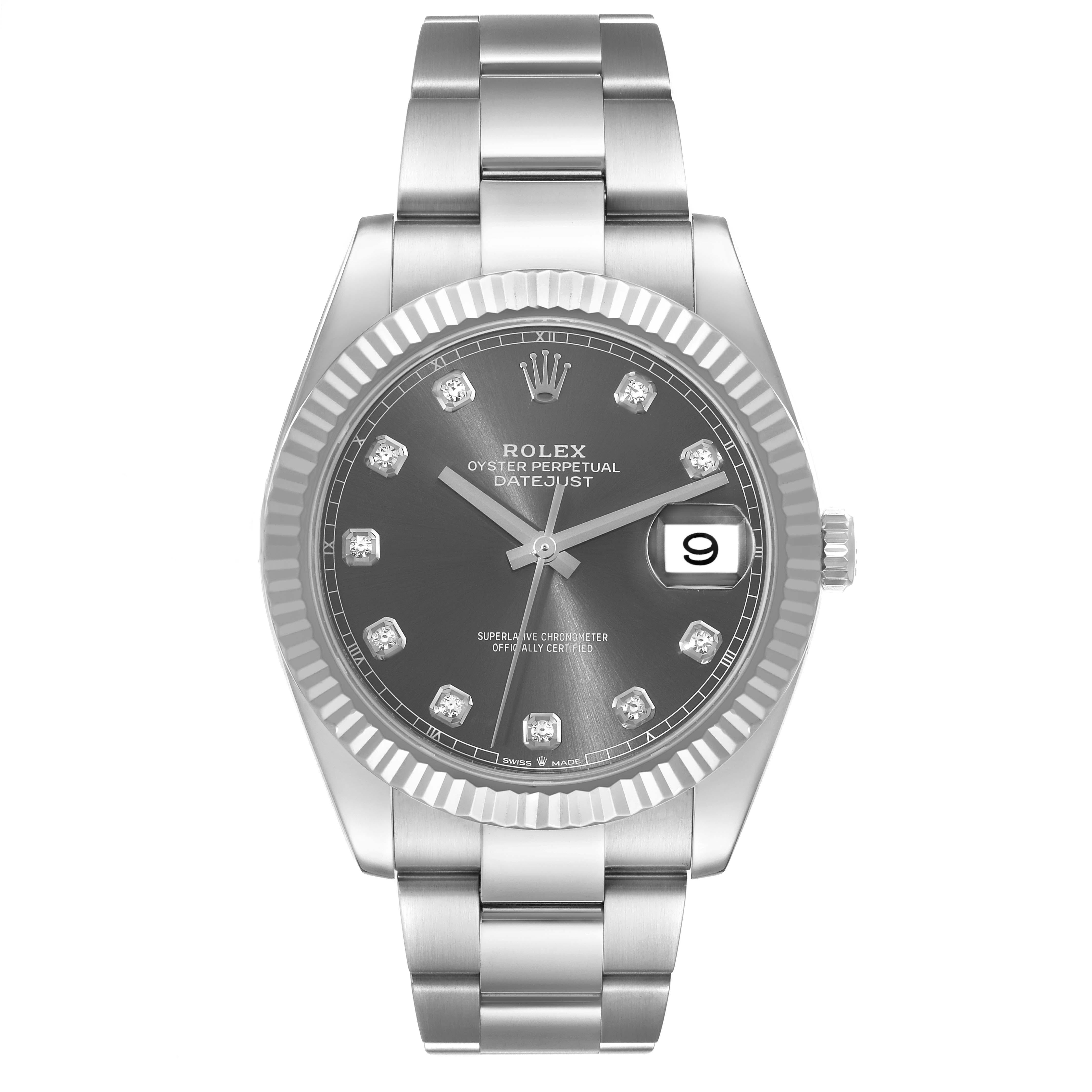 Rolex Datejust 41 Steel White Gold Slate Diamond Dial Mens Watch 126334 Card For Sale 1