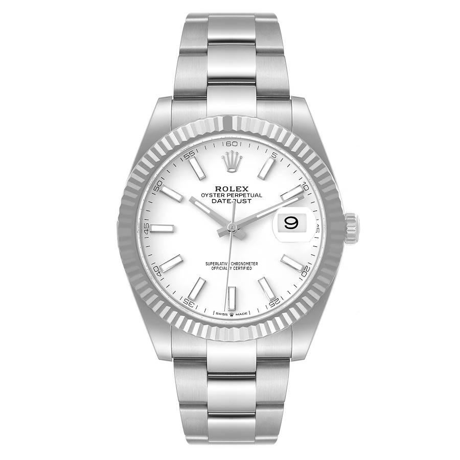 Rolex Datejust 41 Steel White Gold White Dial Mens Watch 126334 Box Card. Officially certified chronometer automatic self-winding movement. Stainless steel case 41 mm in diameter. Rolex logo on the crown. 18K white gold fluted bezel. Scratch