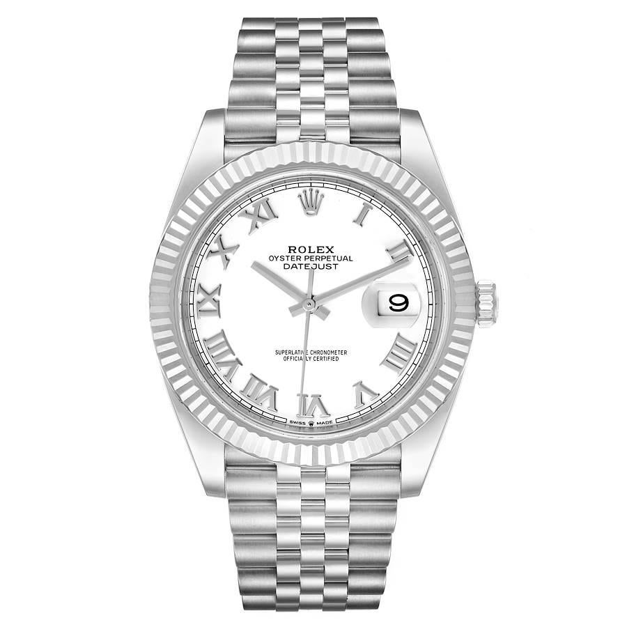 Rolex Datejust 41 Steel White Gold White Dial Mens Watch 126334. Officially certified chronometer automatic self-winding movement. Stainless steel case 41 mm in diameter. Rolex logo on a crown. 18K white gold fluted bezel. Scratch resistant sapphire