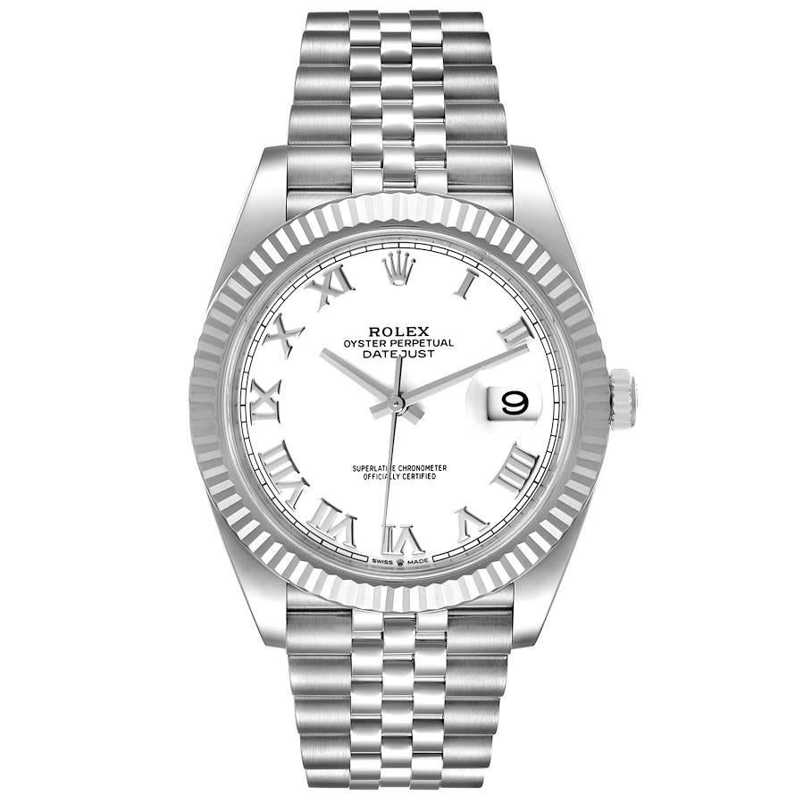 Rolex Datejust 41 Steel White Gold White Dial Mens Watch 126334 Unworn. Officially certified chronometer automatic self-winding movement. Stainless steel case 41 mm in diameter. Rolex logo on a crown. 18K white gold fluted bezel. Scratch resistant