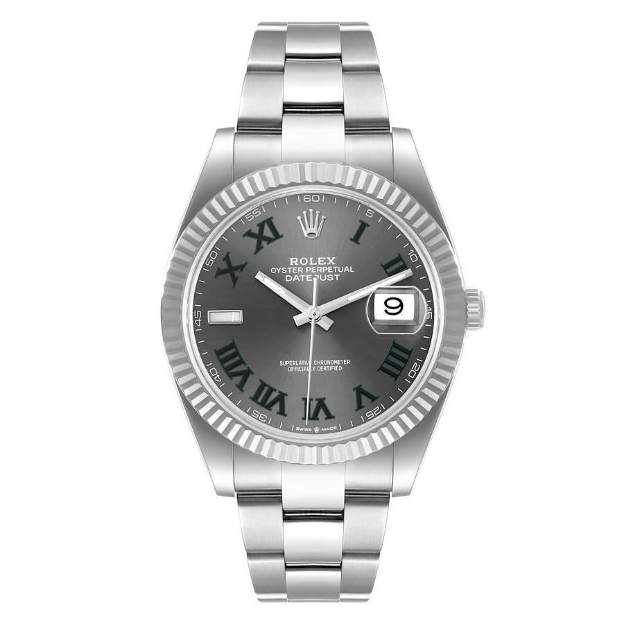 Rolex Datejust 41 Steel White Gold Wimbledon Dial Mens Watch 126334 Box Card. Officially certified chronometer automatic self-winding movement. Stainless steel case 41 mm in diameter. Rolex logo on a crown. 18K white gold fluted bezel. Scratch