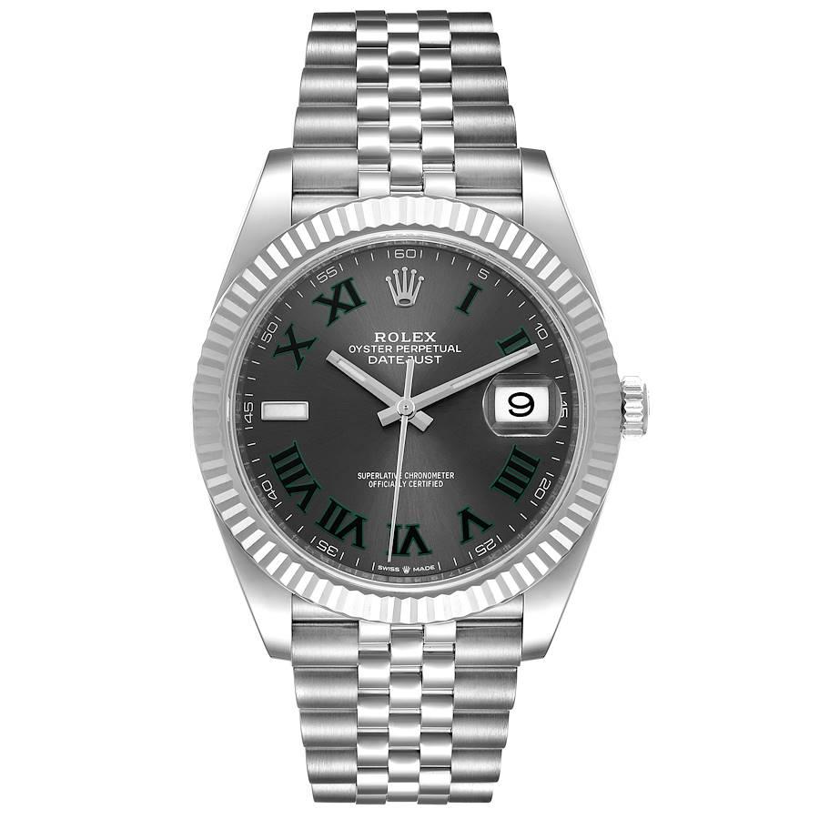 Rolex Datejust 41 Steel White Gold Wimbledon Dial Mens Watch 126334 Box Card. Officially certified chronometer automatic self-winding movement. Stainless steel case 41 mm in diameter. Rolex logo on a crown. 18K white gold fluted bezel. Scratch