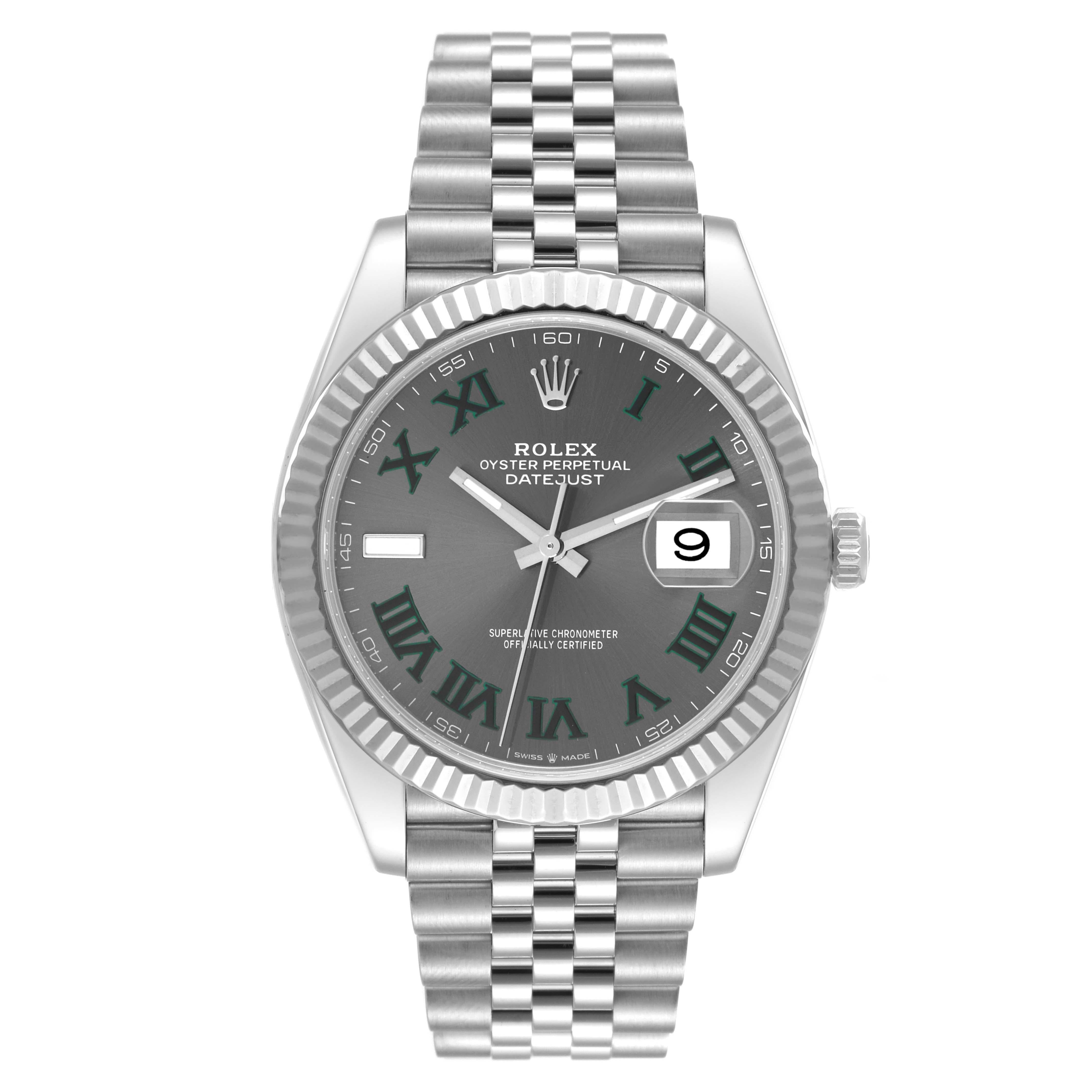 Rolex Datejust 41 Steel White Gold Wimbledon Dial Mens Watch 126334 Box Card. Officially certified chronometer automatic self-winding movement. Stainless steel case 41 mm in diameter. Rolex logo on a crown. 18K white gold fluted bezel. Scratch