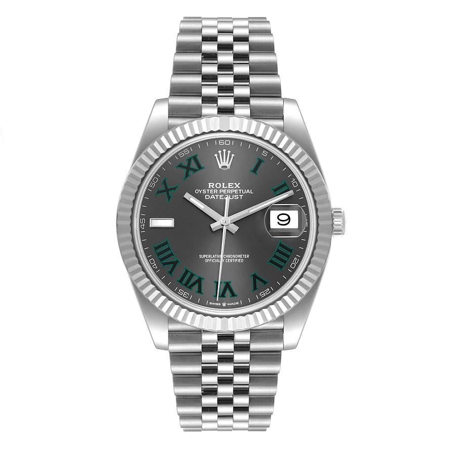 Rolex Datejust 41 Steel White Gold Wimbledon Dial Mens Watch 126334. Officially certified chronometer automatic self-winding movement. Stainless steel case 41 mm in diameter. Rolex logo on the crown. 18K white gold fluted bezel. Scratch resistant
