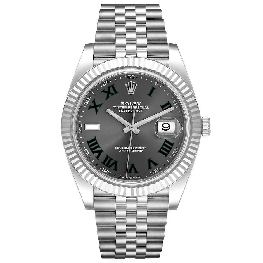 Rolex Datejust 41 Steel White Gold Wimbledon Dial Mens Watch 126334 Unworn. Officially certified chronometer automatic self-winding movement. Stainless steel case 41 mm in diameter. Rolex logo on a crown. 18K white gold fluted bezel. Scratch