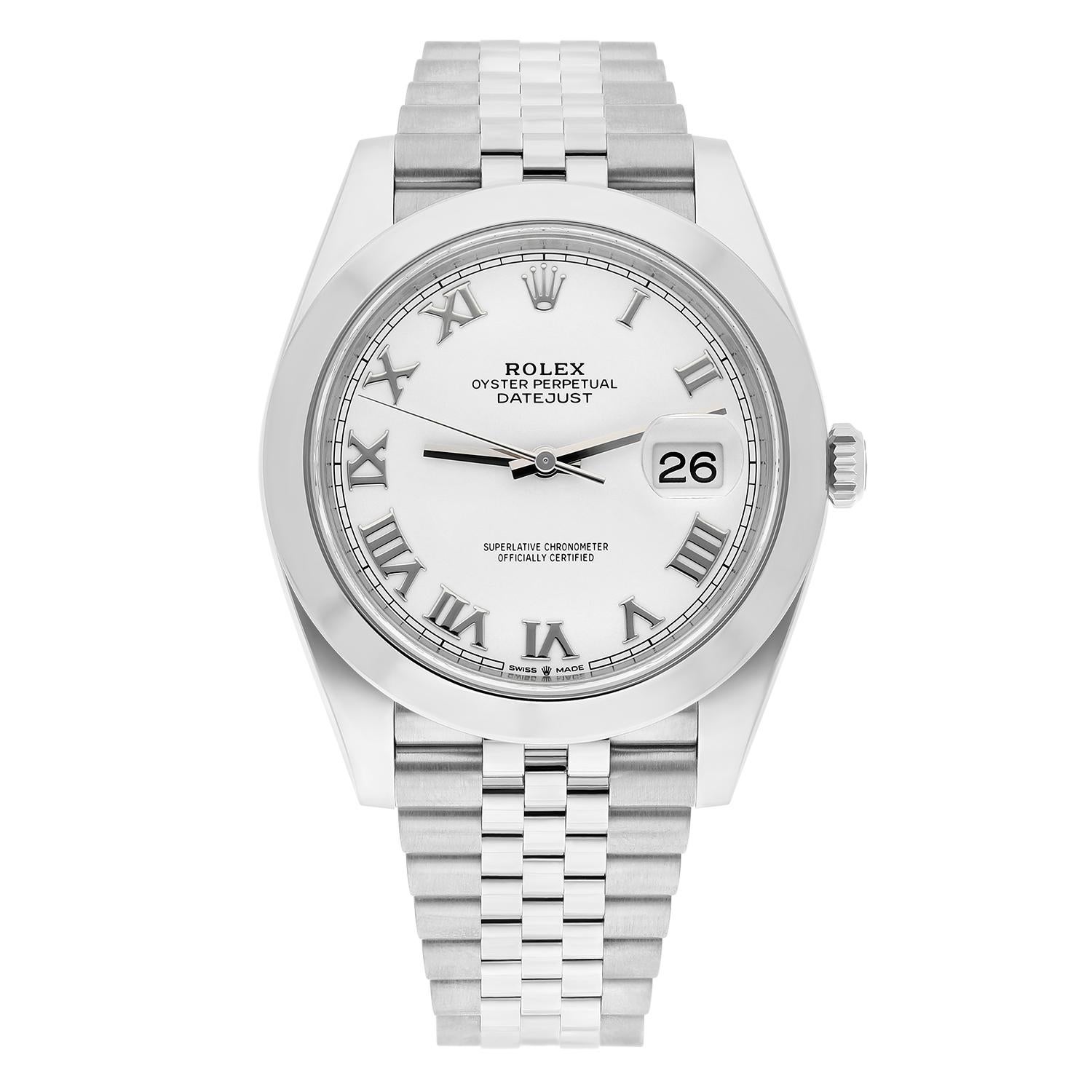 41mm 904L stainless steel case, screw-down steel back, screw-down crown with twinlock double waterproofness system, smooth bezel, scratch-resistant double anti-reflective sapphire crystal with cyclops lens over the date, white dial, Roman numerals,