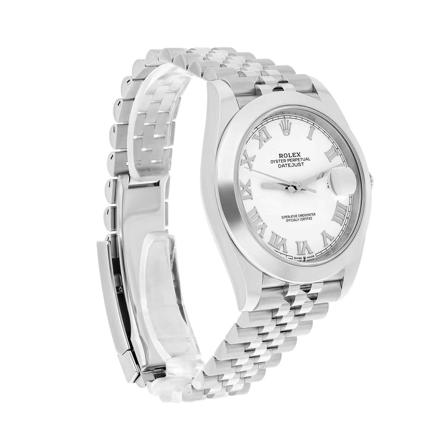 Modern Rolex Datejust 41 Steel White Roman Dial Mens Jubilee Watch Complete 126300 For Sale