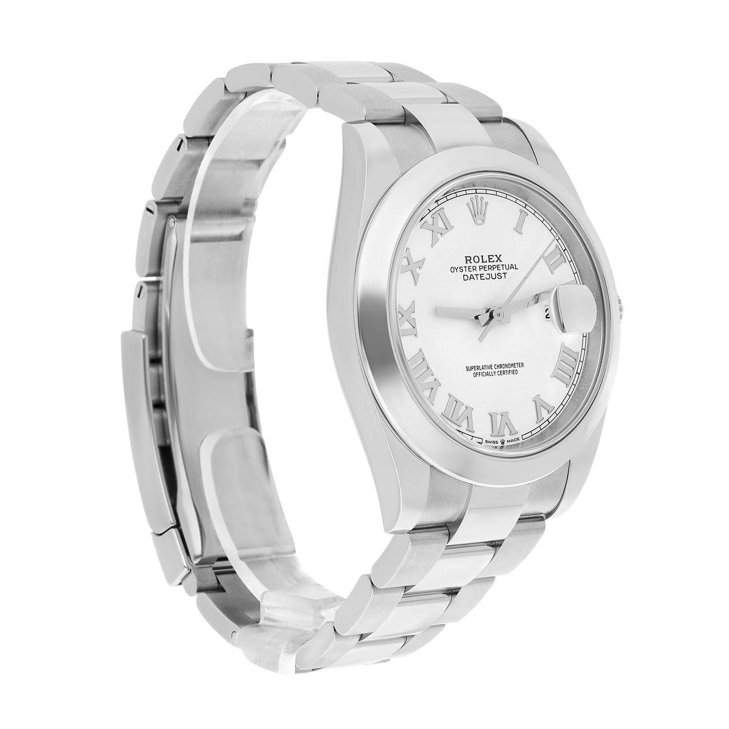 Rolex Datejust 41 Herrenuhr aus Stahl mit weißem römischem Zifferblatt und Austernband 126300 (Moderne)