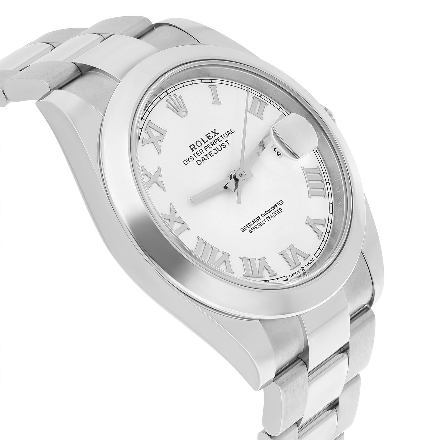 Rolex Datejust 41 Herrenuhr aus Stahl mit weißem römischem Zifferblatt und Austernband 126300 im Zustand „Hervorragend“ in New York, NY