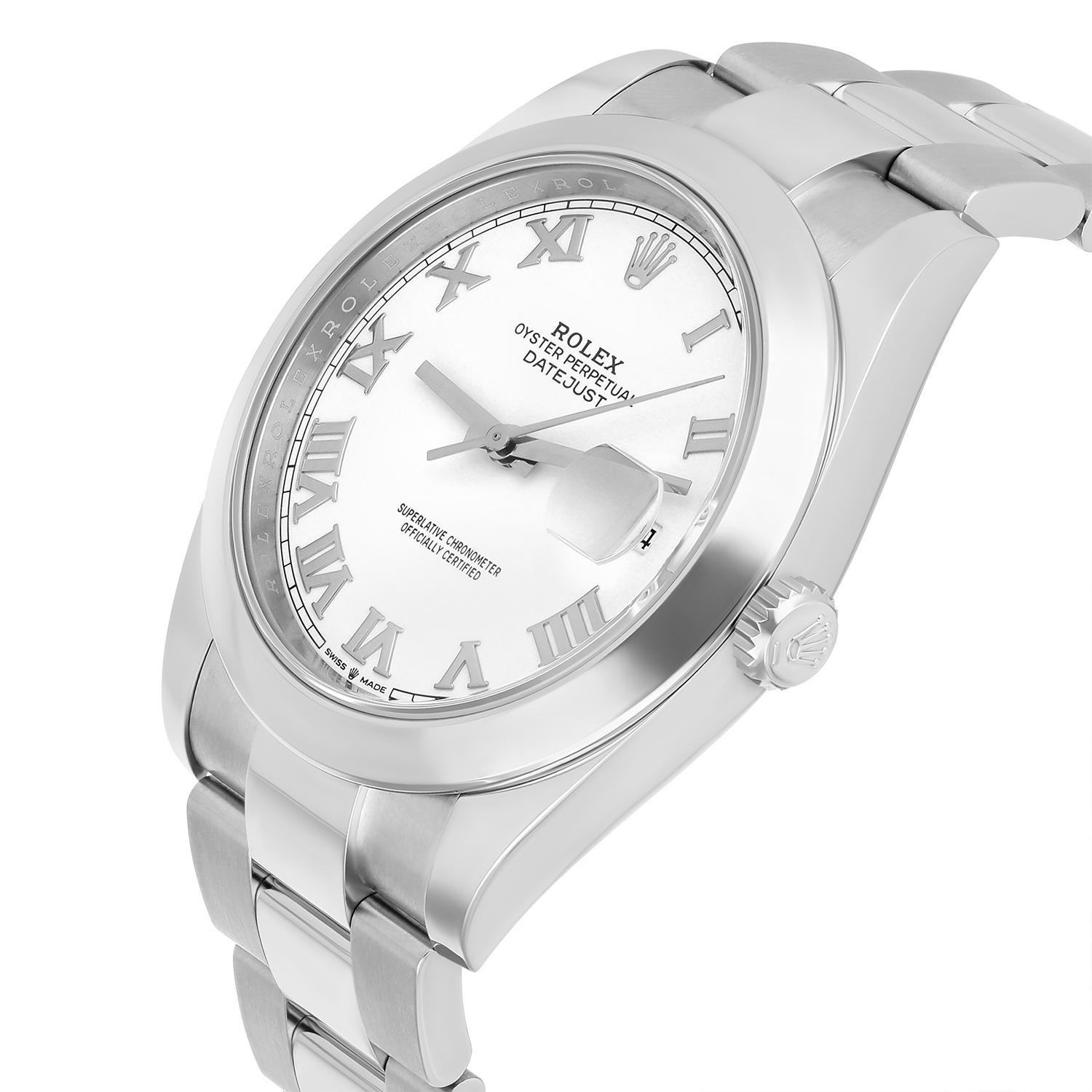 Rolex Datejust 41 Herrenuhr aus Stahl mit weißem römischem Zifferblatt und Austernband 126300 2