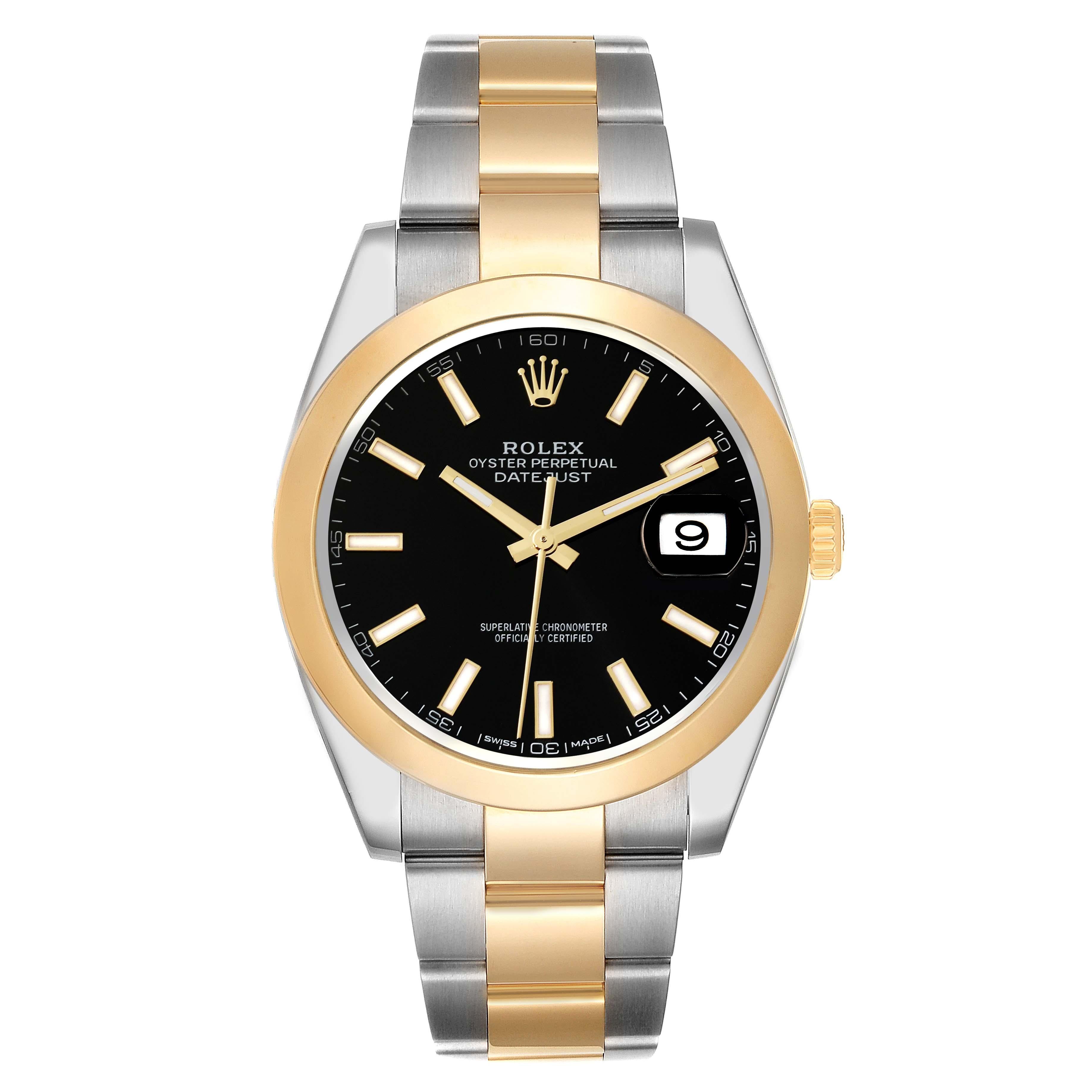 Rolex Datejust 41 Steel Yellow Gold Black Dial Mens Watch 126303 Box Card. Officially certified chronometer self-winding movement. Stainless steel and 18K yellow gold case 41.0 mm in diameter. Rolex logo on a crown. 18K yellow gold smooth domed