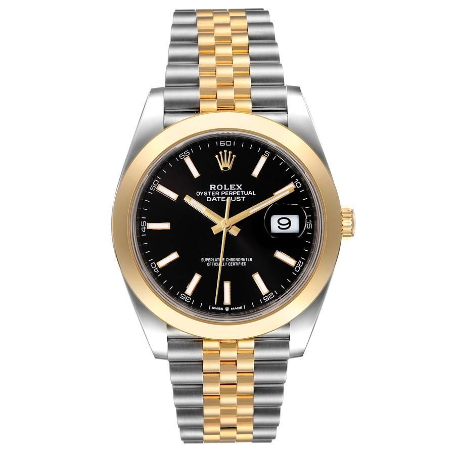 Rolex Datejust 41 Steel Yellow Gold Black Dial Mens Watch 126303 Unworn. Officially certified chronometer self-winding movement. Stainless steel and 18K yellow gold case 41.0 mm in diameter. Rolex logo on a crown. 18K yellow gold smooth domed bezel.