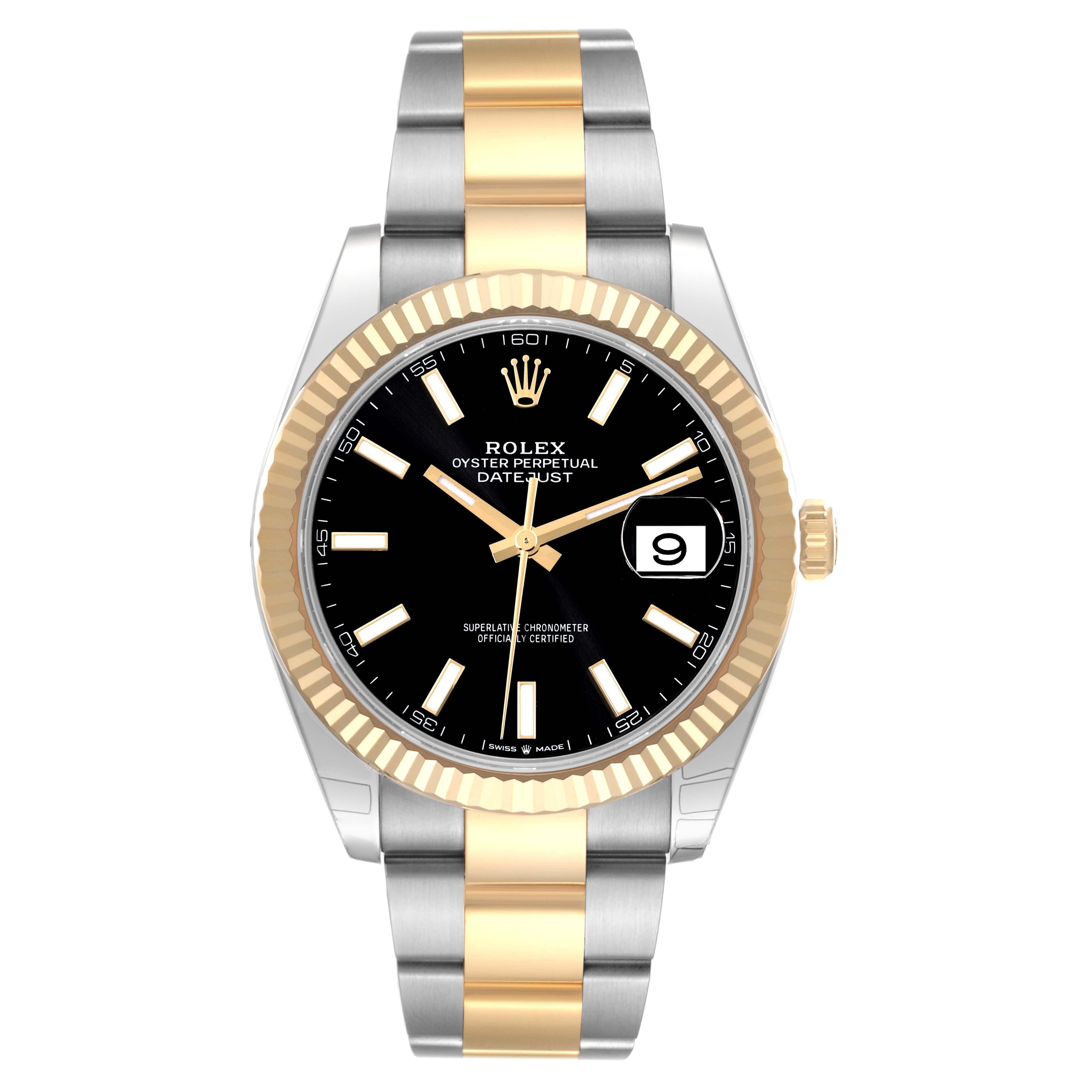 Rolex Datejust 41 Steel Yellow Gold Black Dial Mens Watch 126333 Box Card. Officially certified chronometer self-winding movement. Stainless steel and 18K yellow gold case 41.0 mm in diameter. Rolex logo on the crown. 18K yellow gold fluted bezel.