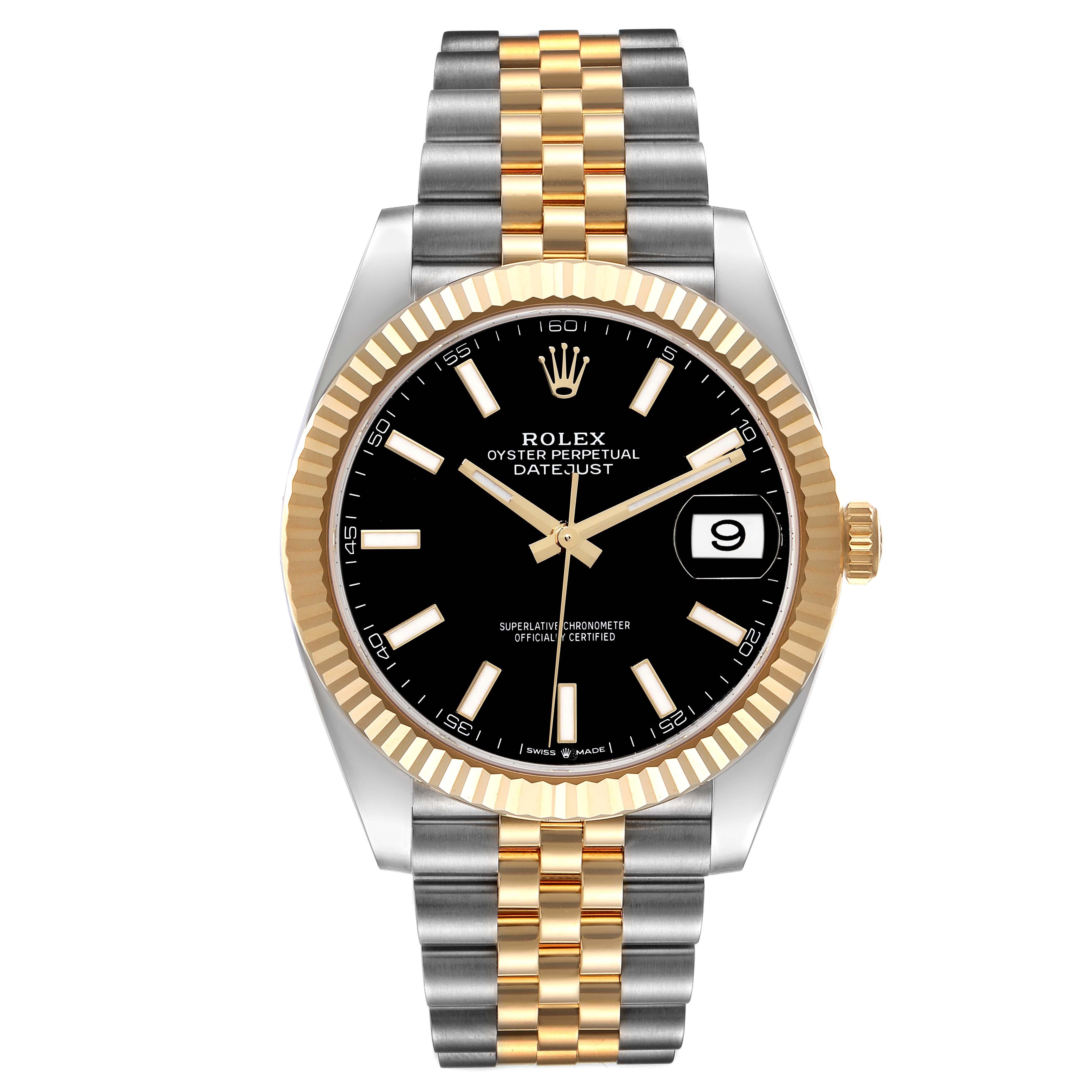 Rolex Datejust 41 Steel Yellow Gold Black Dial Mens Watch 126333 Box Card. Officially certified chronometer automatic self-winding movement. Stainless steel and 18K yellow gold case 41.0 mm in diameter. Rolex logo on the crown. 18K yellow gold