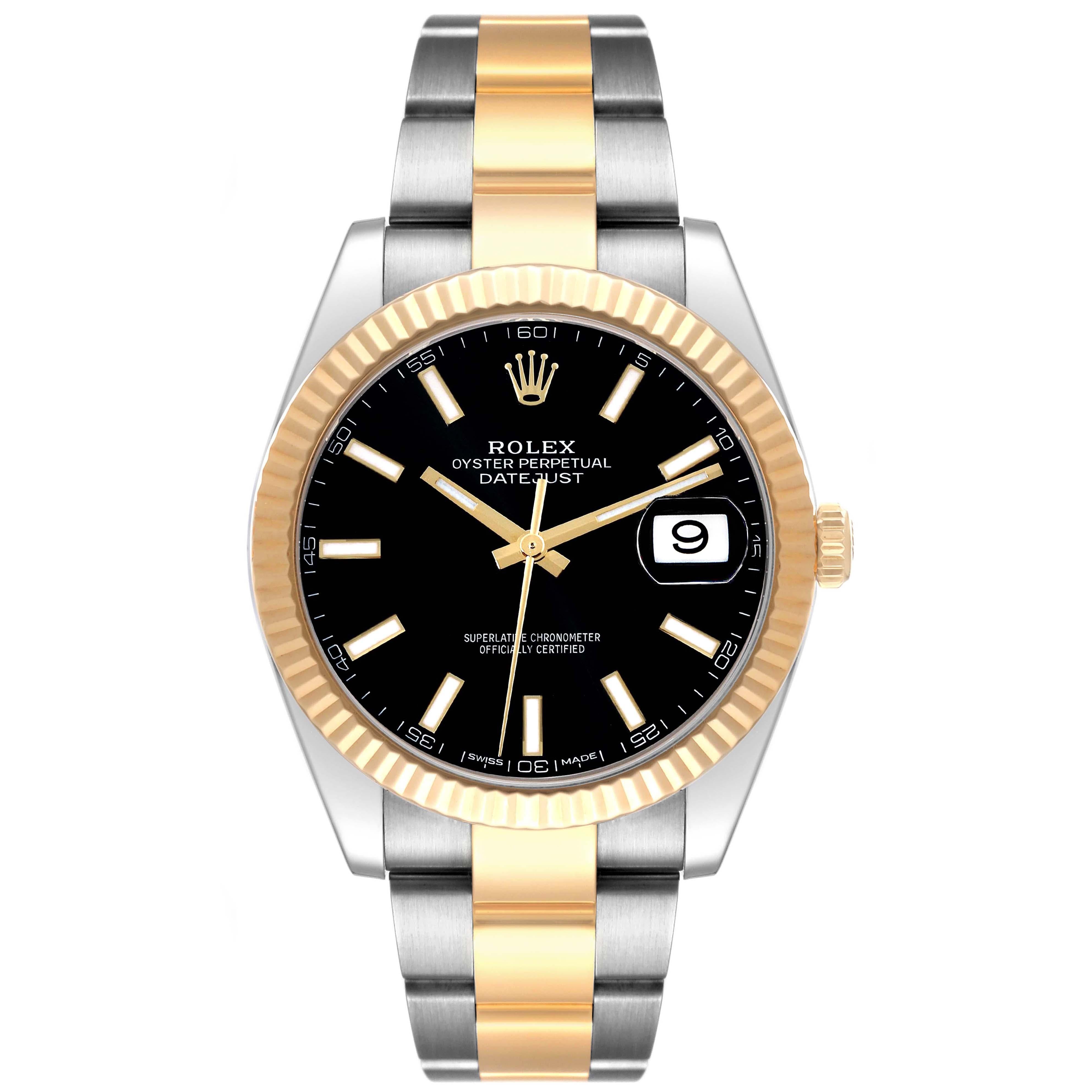 Rolex Datejust 41 Steel Yellow Gold Black Dial Mens Watch 126333. Officially certified chronometer automatic self-winding movement. Stainless steel and 18K yellow gold case 41.0 mm in diameter. Rolex logo on the crown. 18K yellow gold fluted bezel.