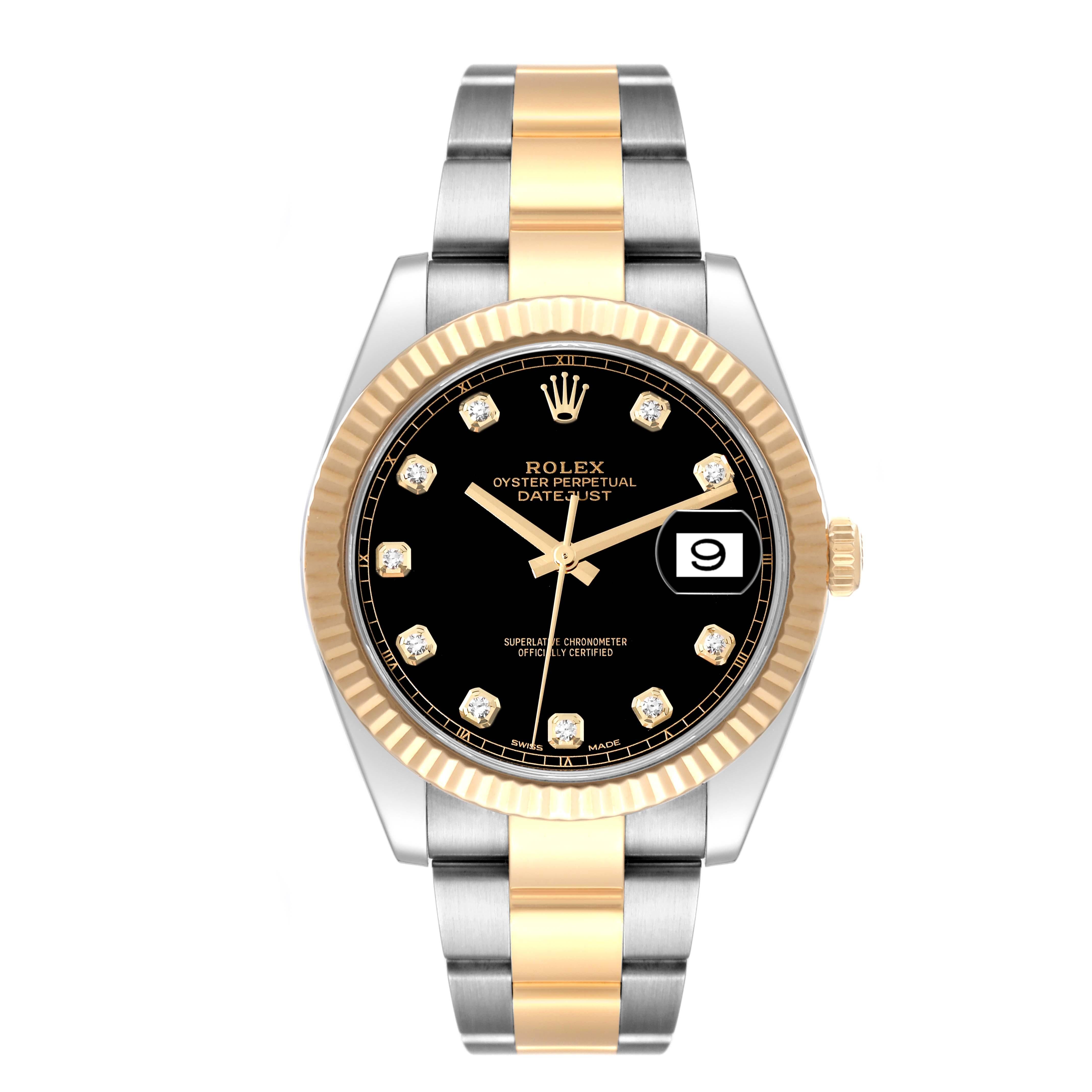 Rolex Datejust 41 Steel Yellow Gold Black Diamond Dial Mens Watch 126333. Officially certified chronometer automatic self-winding movement. Stainless steel and 18K yellow gold case 41.0 mm in diameter. Rolex logo on a crown. 18K yellow gold fluted