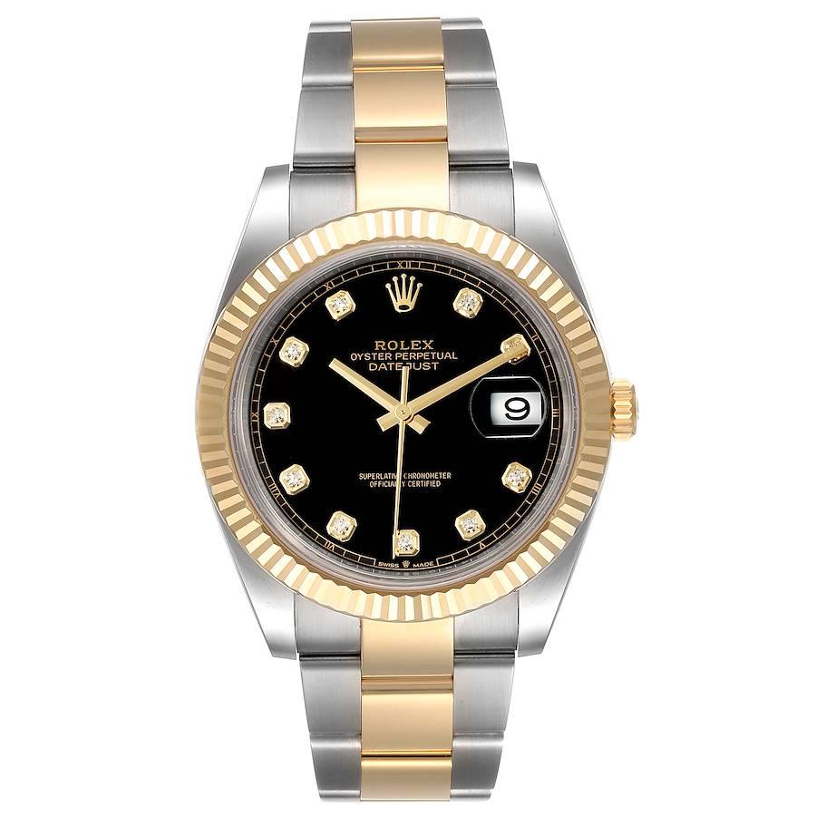 Rolex Datejust 41 Steel Yellow Gold Black Diamond Dial Watch 126333 Box Card. Officially certified chronometer self-winding movement. Stainless steel and 18K yellow gold case 41.0 mm in diameter. Rolex logo on a crown. 18K yellow gold fluted bezel.