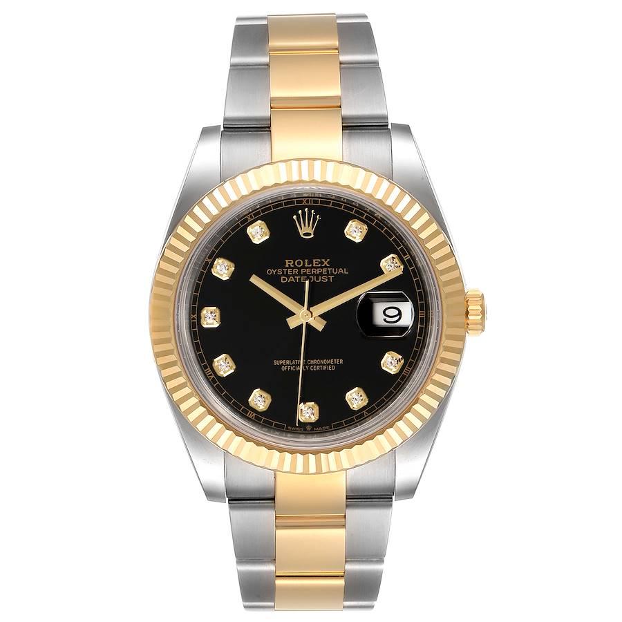 Rolex Datejust 41 Steel Yellow Gold Black Diamond Dial Watch 126333 Box Card. Officially certified chronometer self-winding movement. Stainless steel and 18K yellow gold case 41.0 mm in diameter. Rolex logo on a crown. 18K yellow gold fluted bezel.
